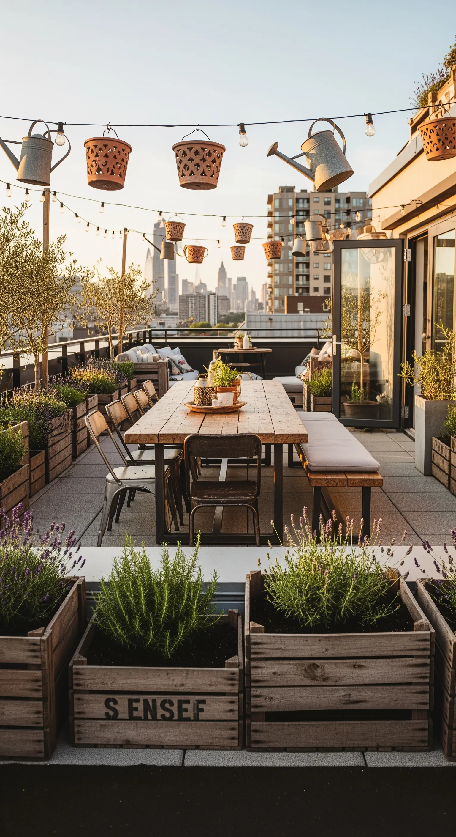 Tavolo da pranzo in legno su una terrazza urbana circondata da fioriere in cassette di legno