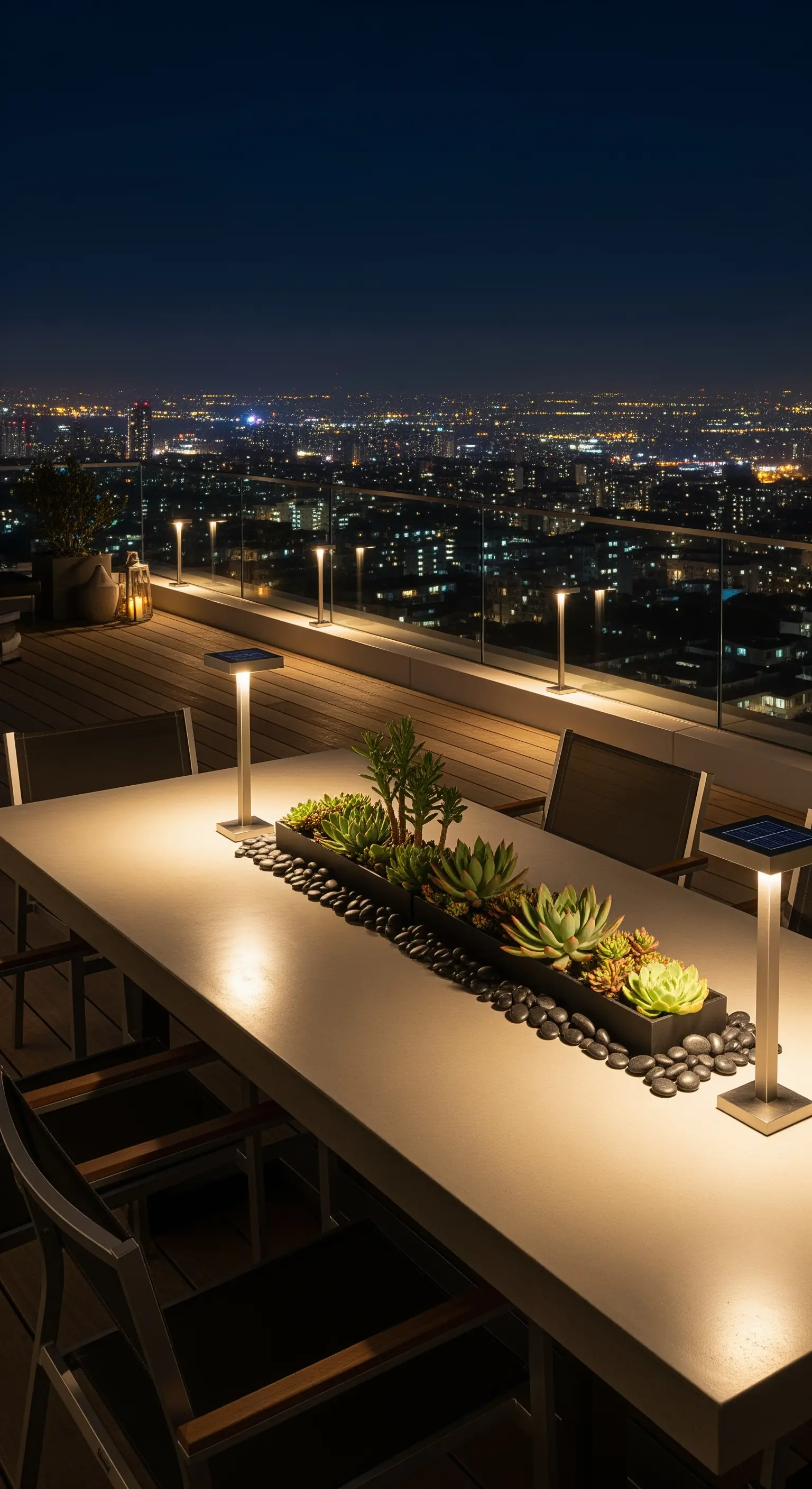 Tavolo su una terrazza panoramica illuminato da lampade a LED, con centrotavola di piante grasse.