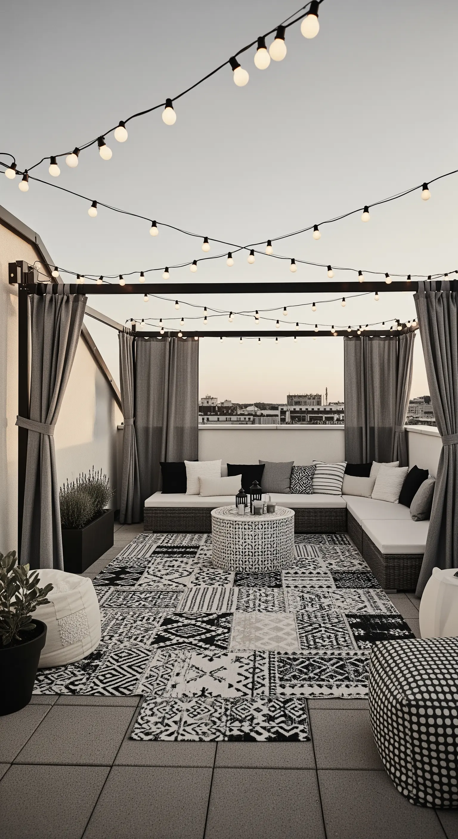 Terrazza moderna in bianco e nero con divano a L, tappeto patchwork e tende grigie.