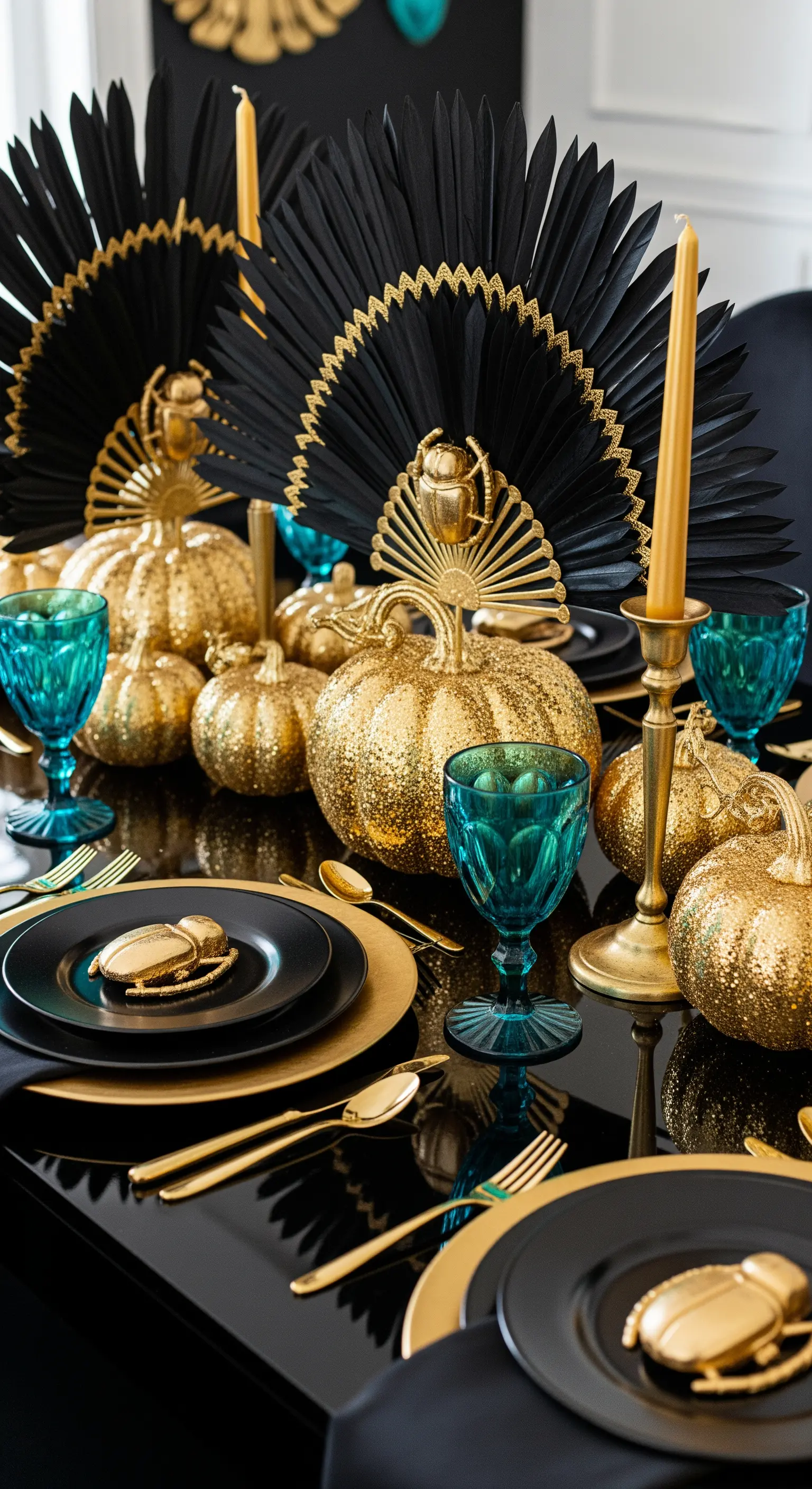 Tavola in stile egizio con zucche dorate, scarabei e bicchieri turchesi.