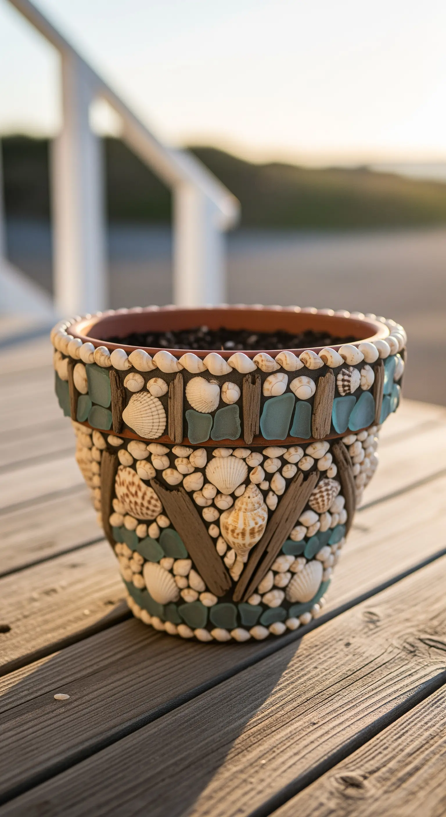 Vaso da fiori in terracotta decorato con un mosaico di conchiglie, vetri di mare e legnetti.