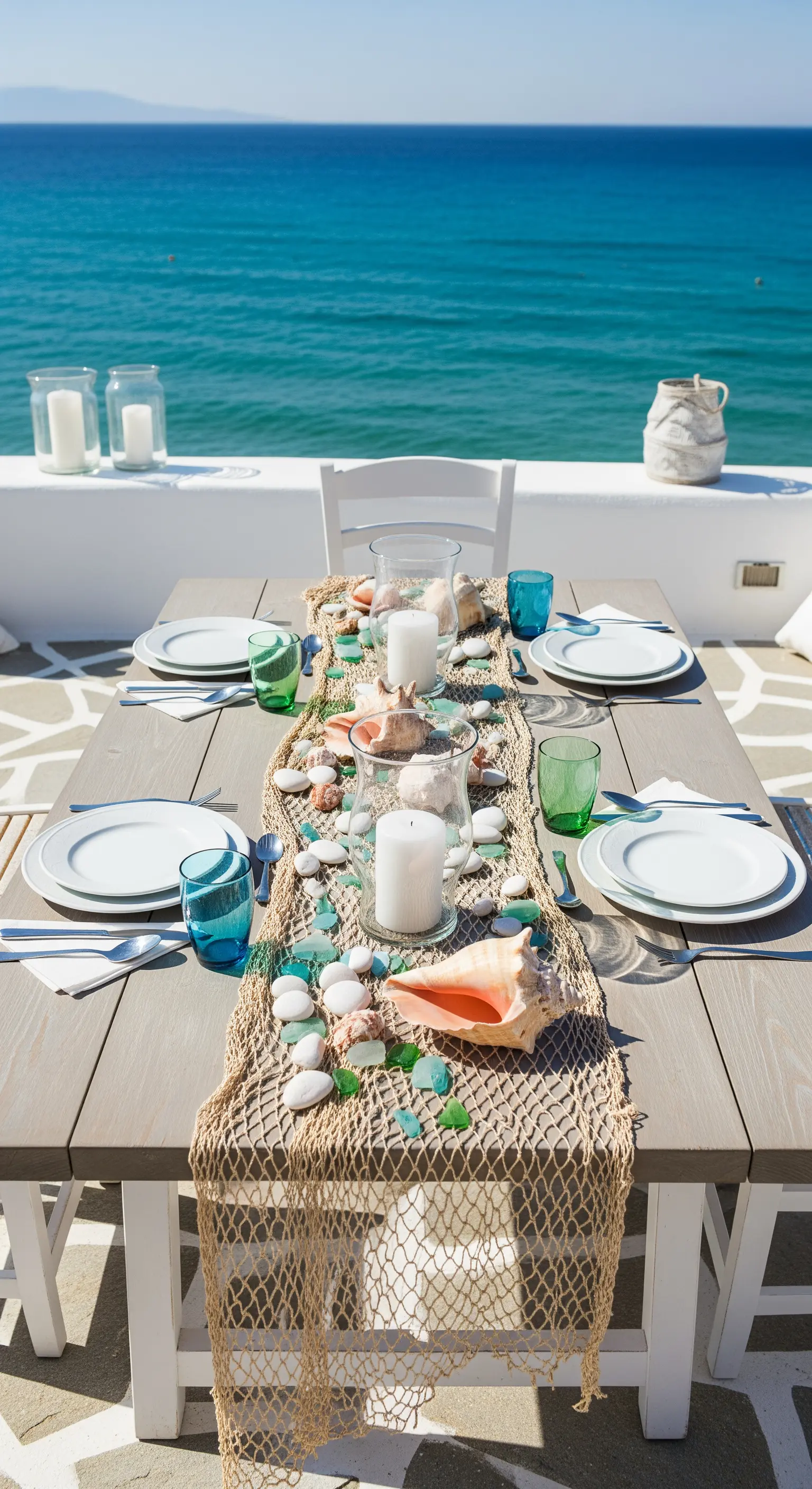 Tavola vista mare con un runner di rete da pesca decorato con conchiglie e vetri.