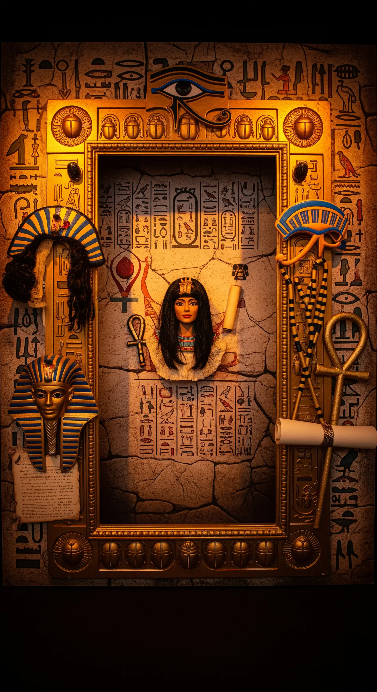 Photo booth a tema Egitto con sfondo di geroglifici, cornice dorata e accessori da faraone.
