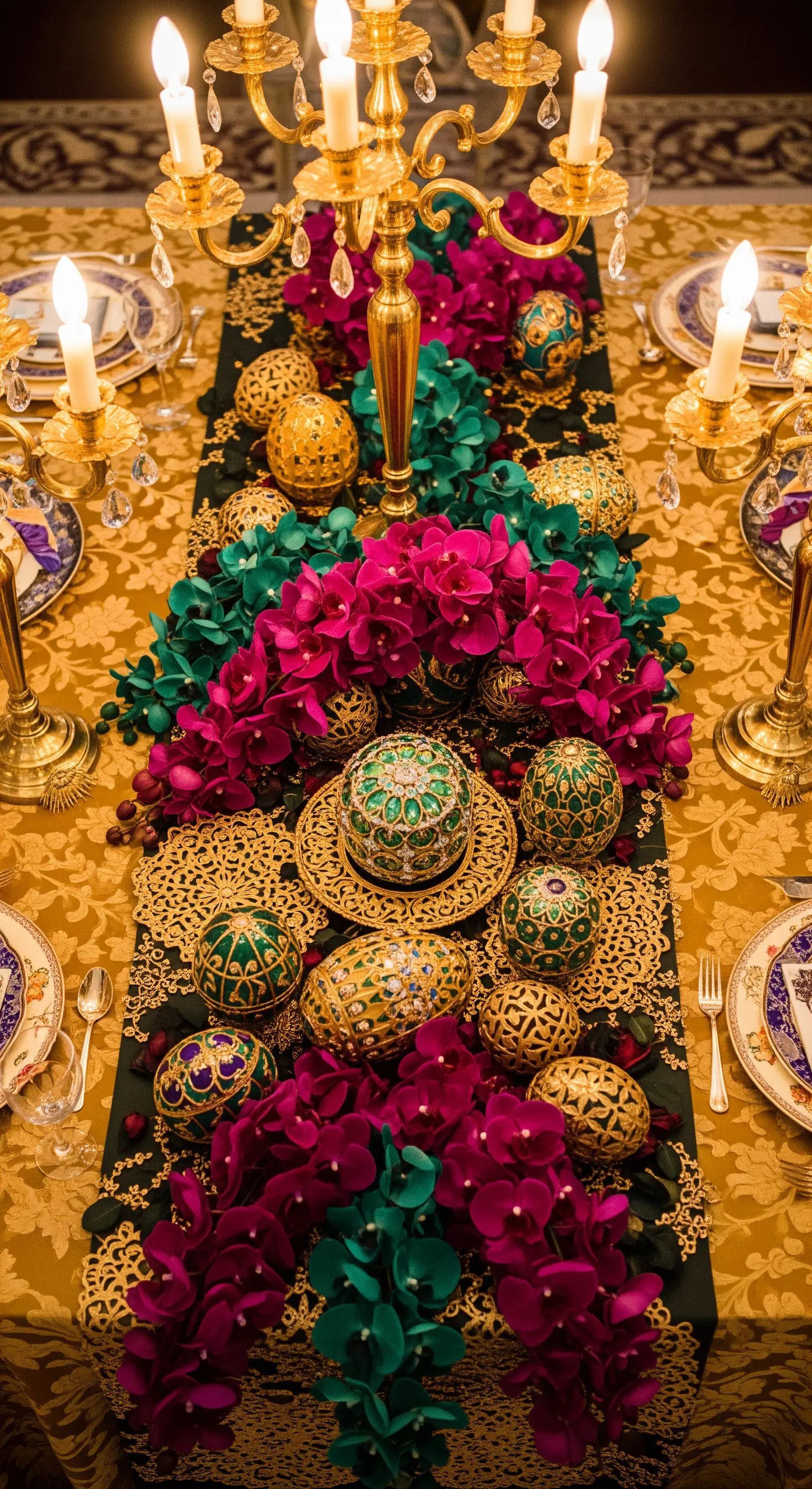 Tavolo opulento con uova decorate stile Fabergé, orchidee fucsia e dettagli dorati.