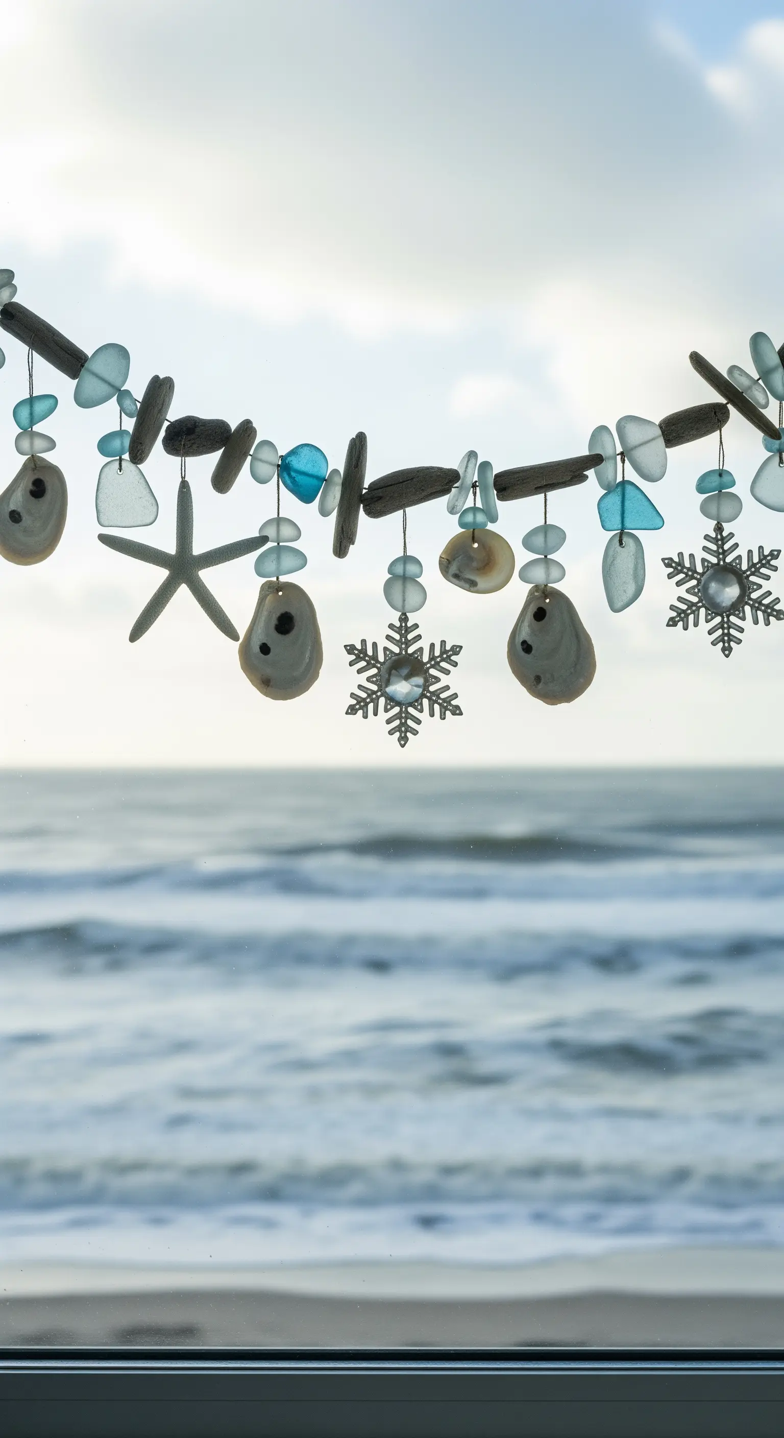 Ghirlanda di legnetti, conchiglie e vetri di mare con fiocchi di neve davanti all'oceano.