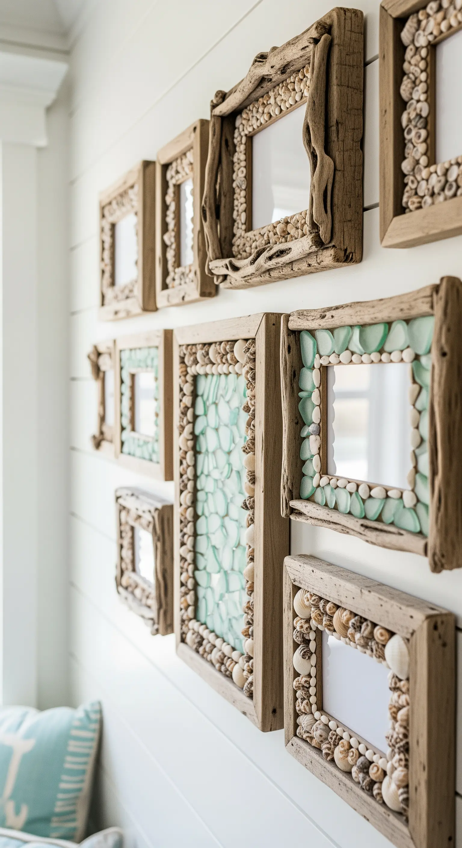 Cornici in legno di recupero decorate a mano con conchiglie e vetri di mare levigati.