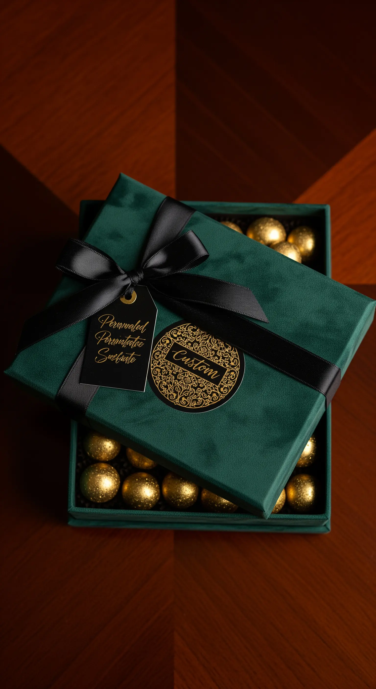 Cioccolatini dorati in una scatola di velluto verde scuro con nastro di raso nero.