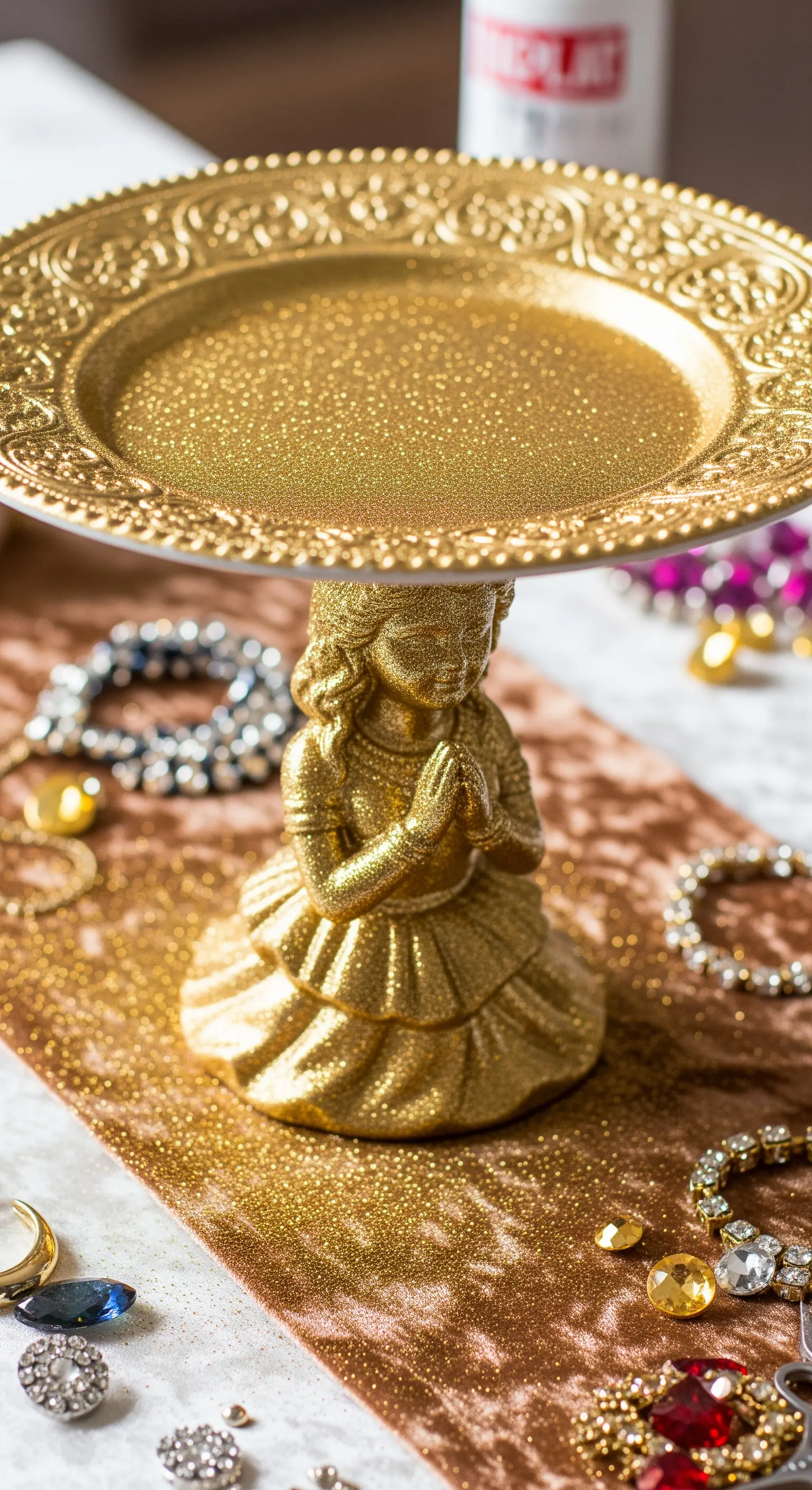 Alzata per gioielli con vassoio dorato e base a forma di statuetta verniciata d'oro