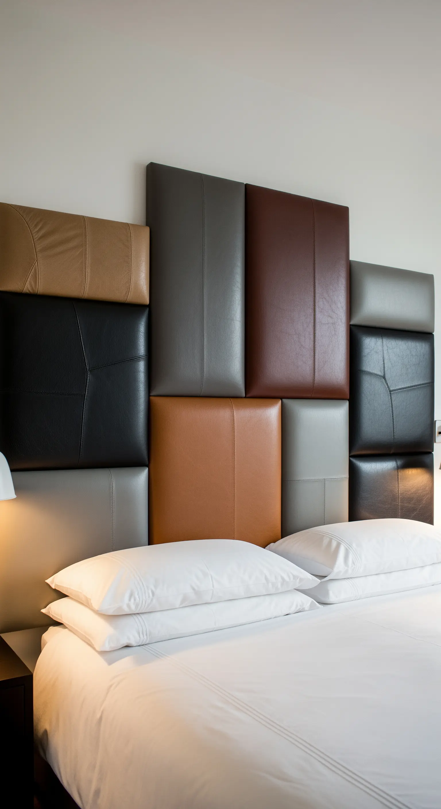 Testiera del letto patchwork con pannelli quadrati e rettangolari in pelle di vari colori.