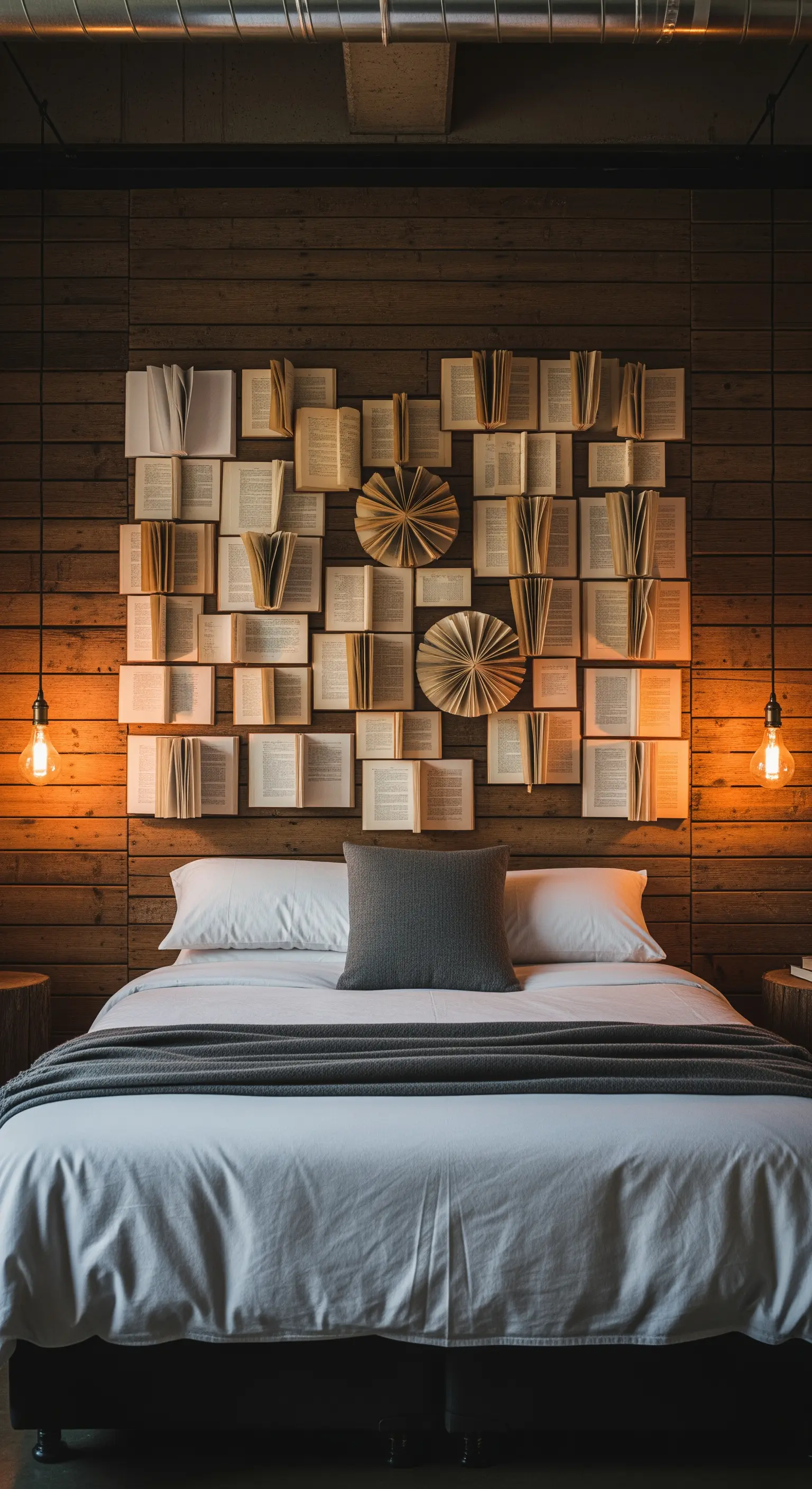 Testiera del letto artistica realizzata con un collage di libri aperti su una parete di legno.