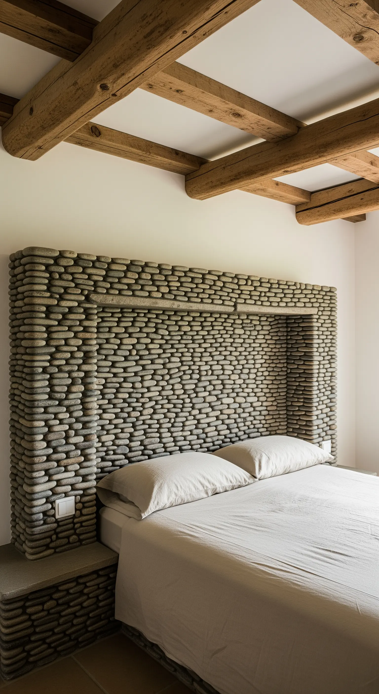 Testiera del letto realizzata interamente con ciottoli di fiume levigati e impilati.