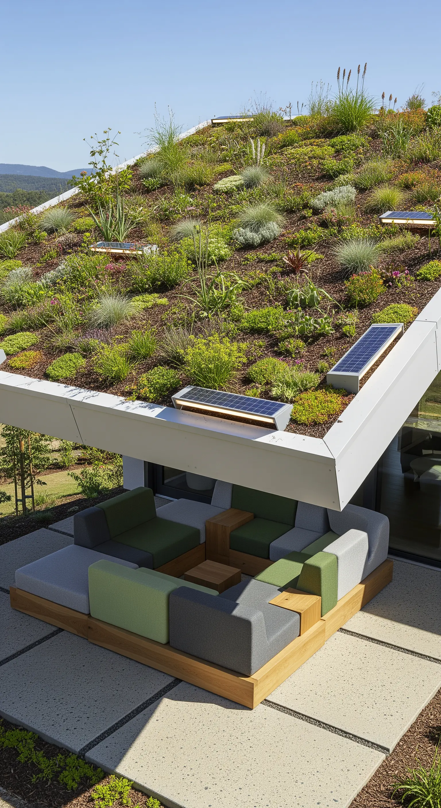 Area salotto esterna incassata sotto un tetto verde con pannelli solari