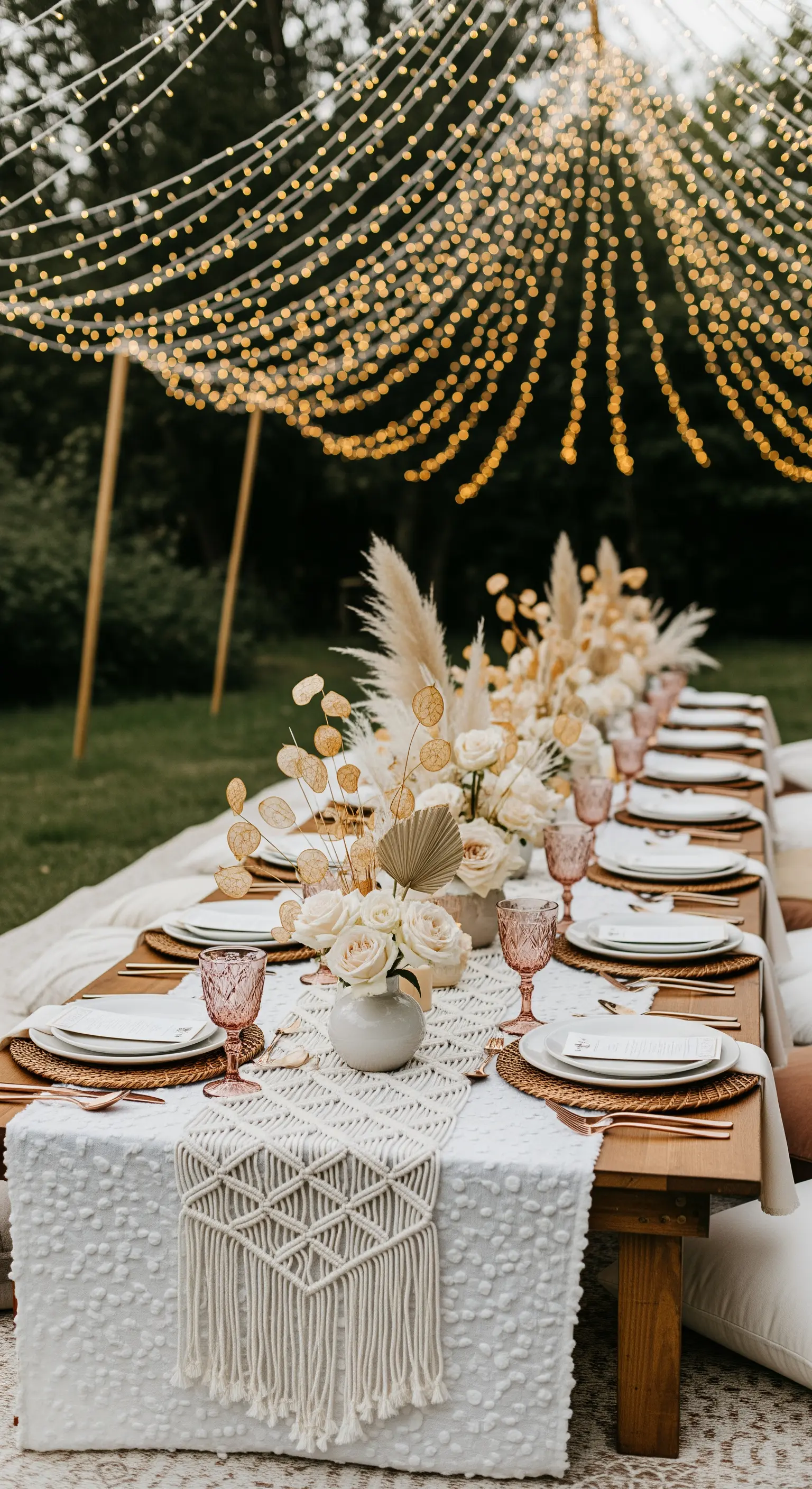 Tavola da matrimonio in stile boho con runner in macramè, pampas e bicchieri rosa.