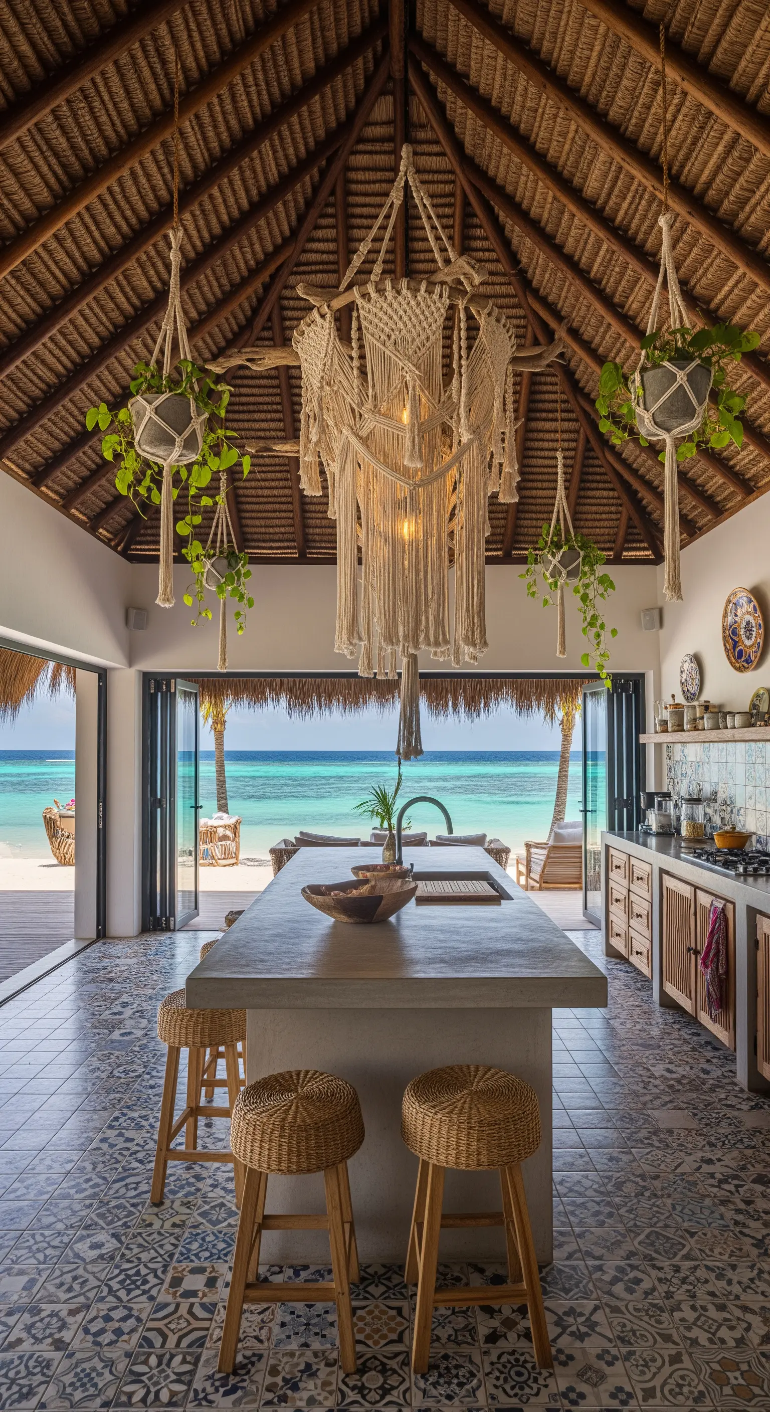 Cucina boho-chic con soffitto in paglia, lampadario in macramè e vista mare