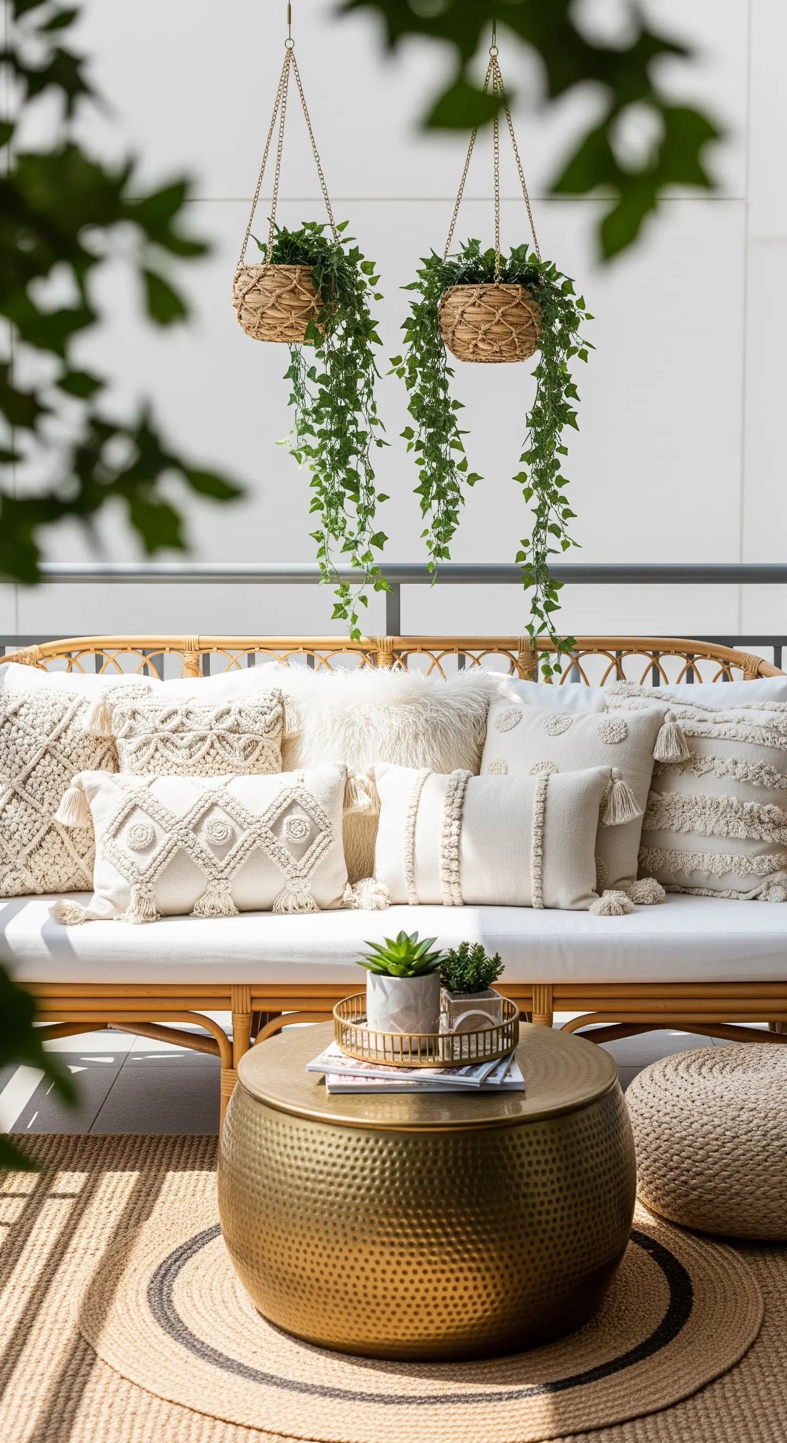 Divano in rattan con cuscini macramè, tavolino dorato e piante sospese in stile bohémien.