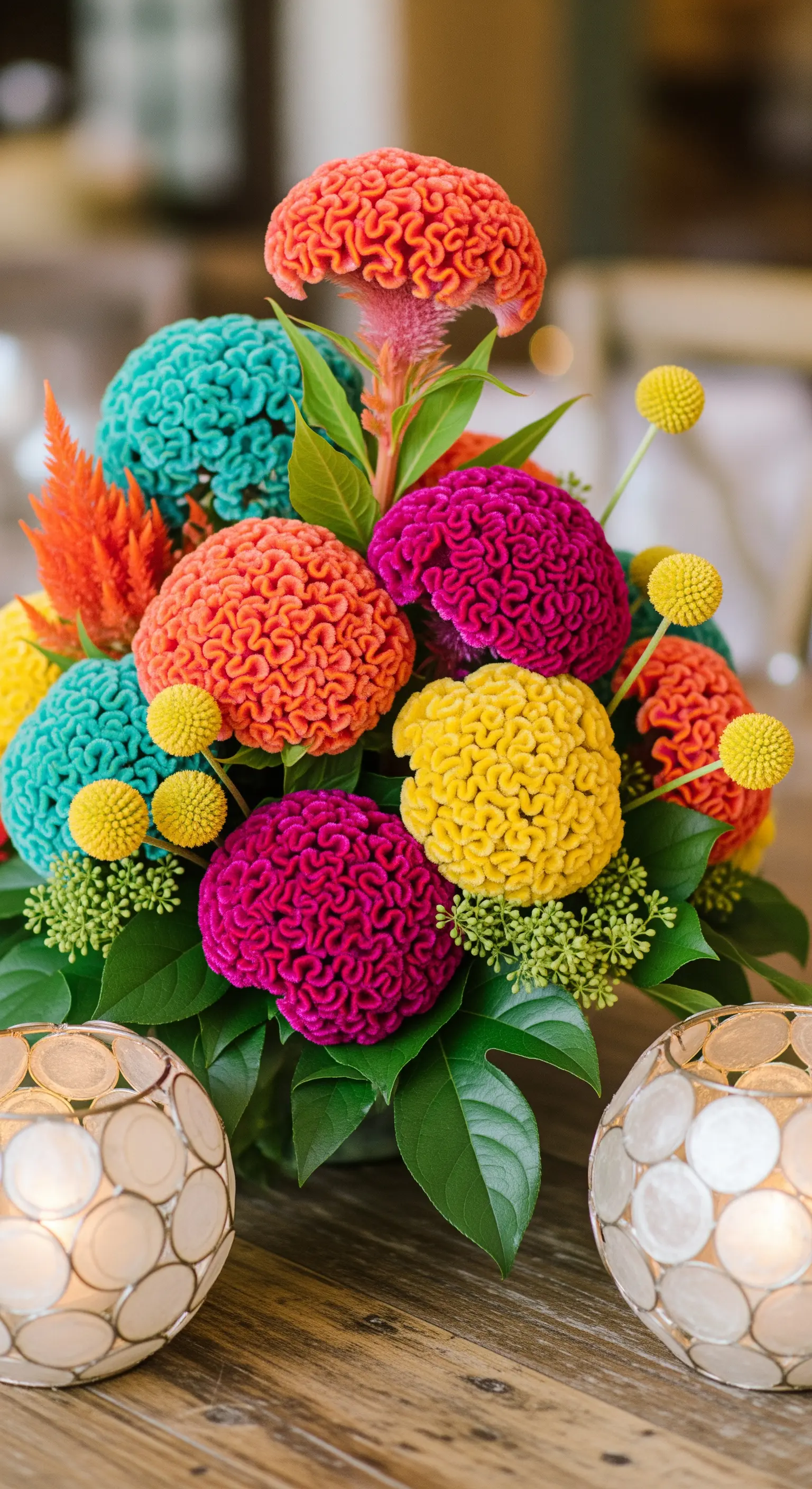Centrotavola coloratissimo con fiori di celosia cristata, che ricordano la forma di un corallo.