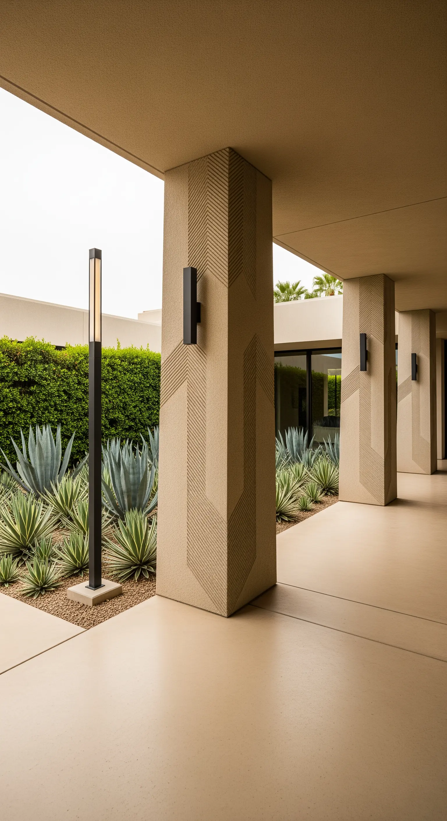 Portico moderno con colonne in cemento testurizzato e piante di agave.