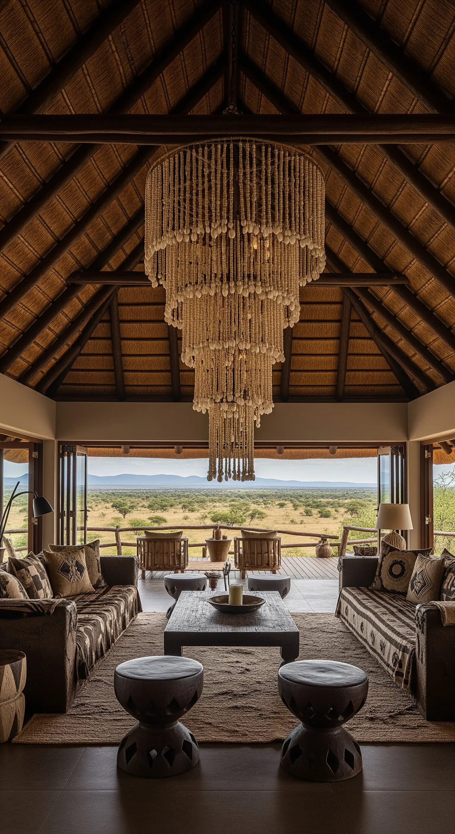 Lodge in stile safari con tetto in paglia e un enorme lampadario a cascata fatto di perline.