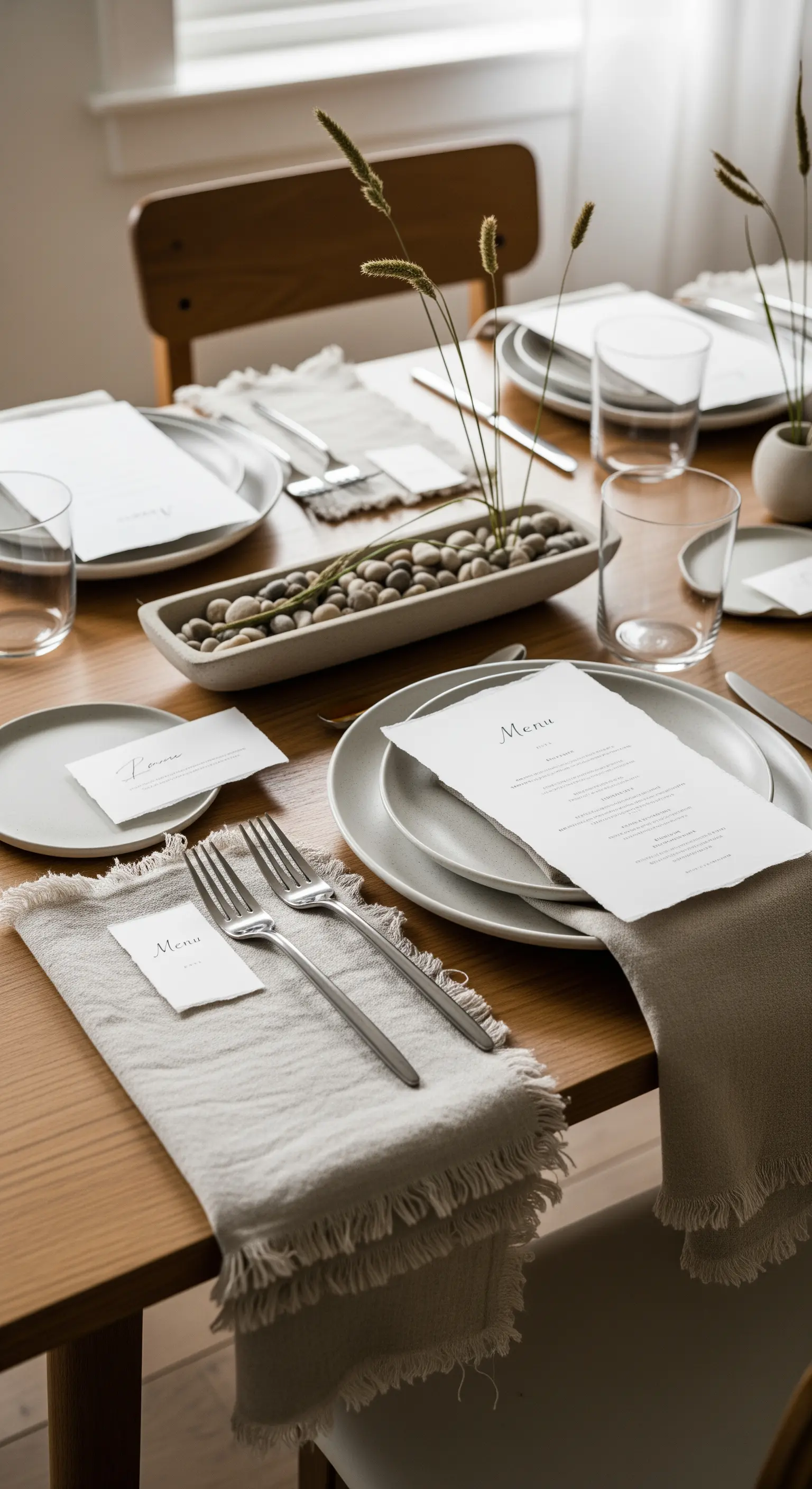 Tavola in legno con tovaglioli in lino sfrangiato e un centrotavola di sassi e spighe.