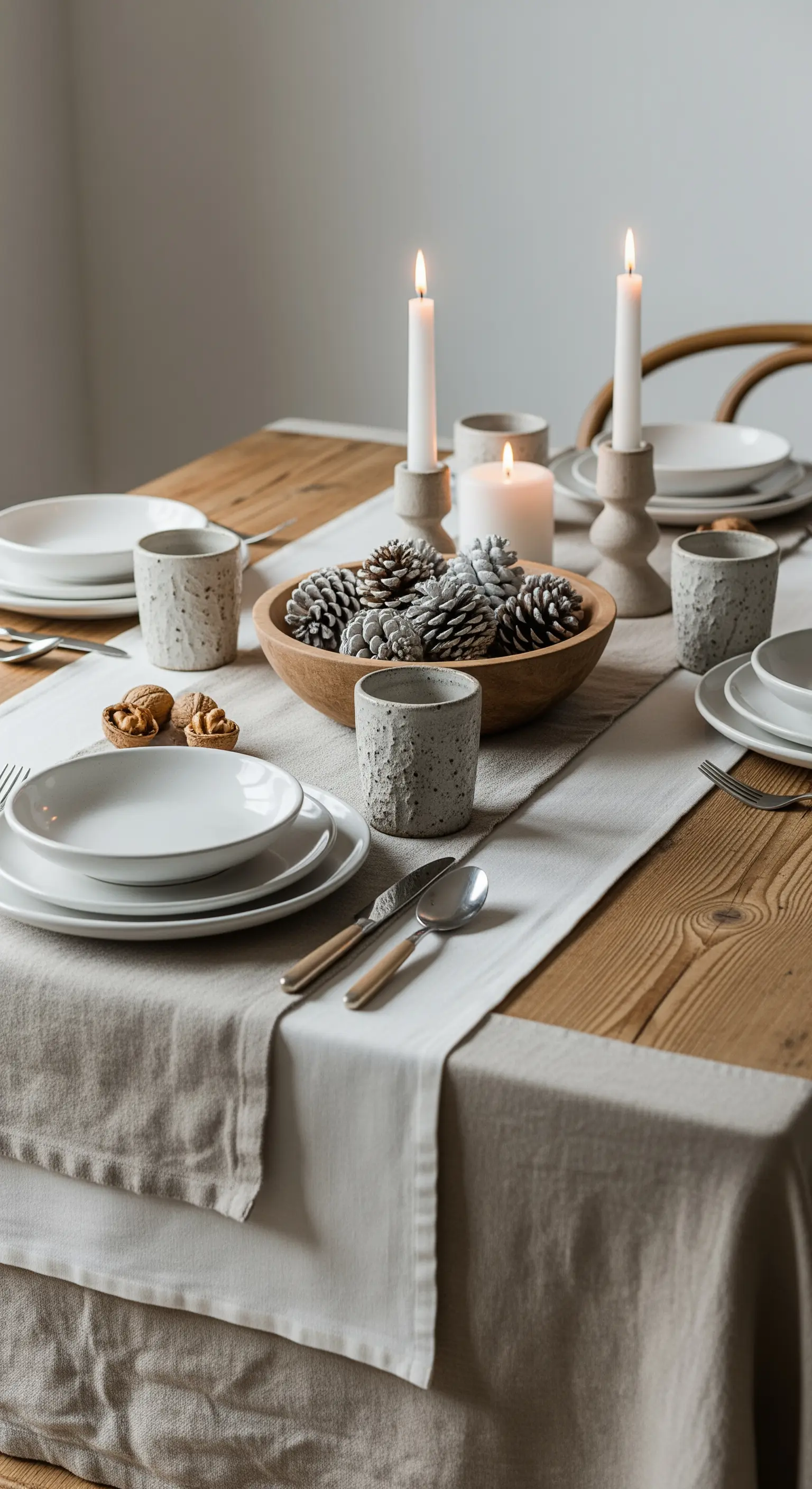 Tavola scandinava con ceramiche grezze e centrotavola di pigne innevate.