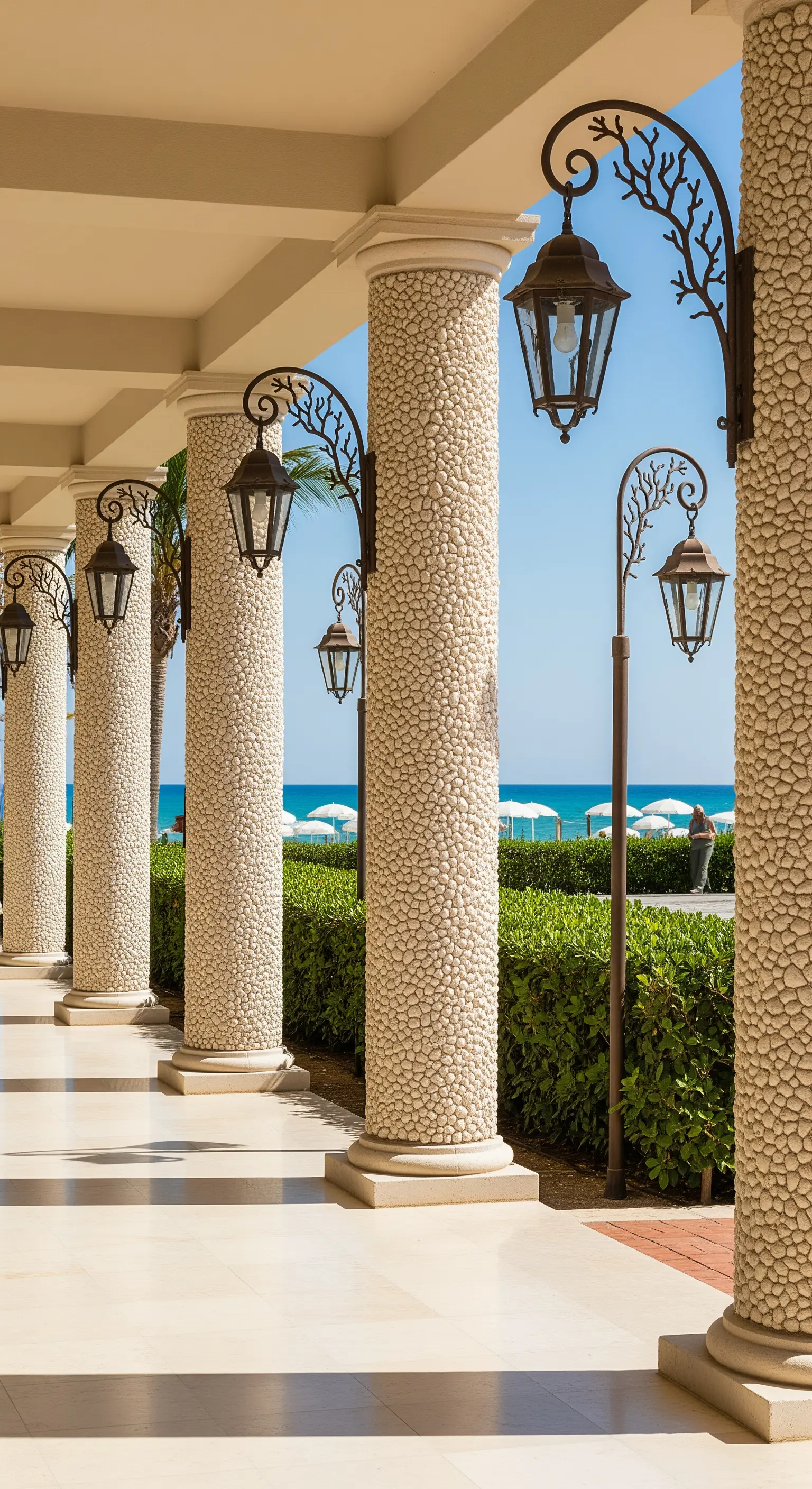 Portico con colonne rivestite di ciottoli bianchi e lampade a forma di ramo.