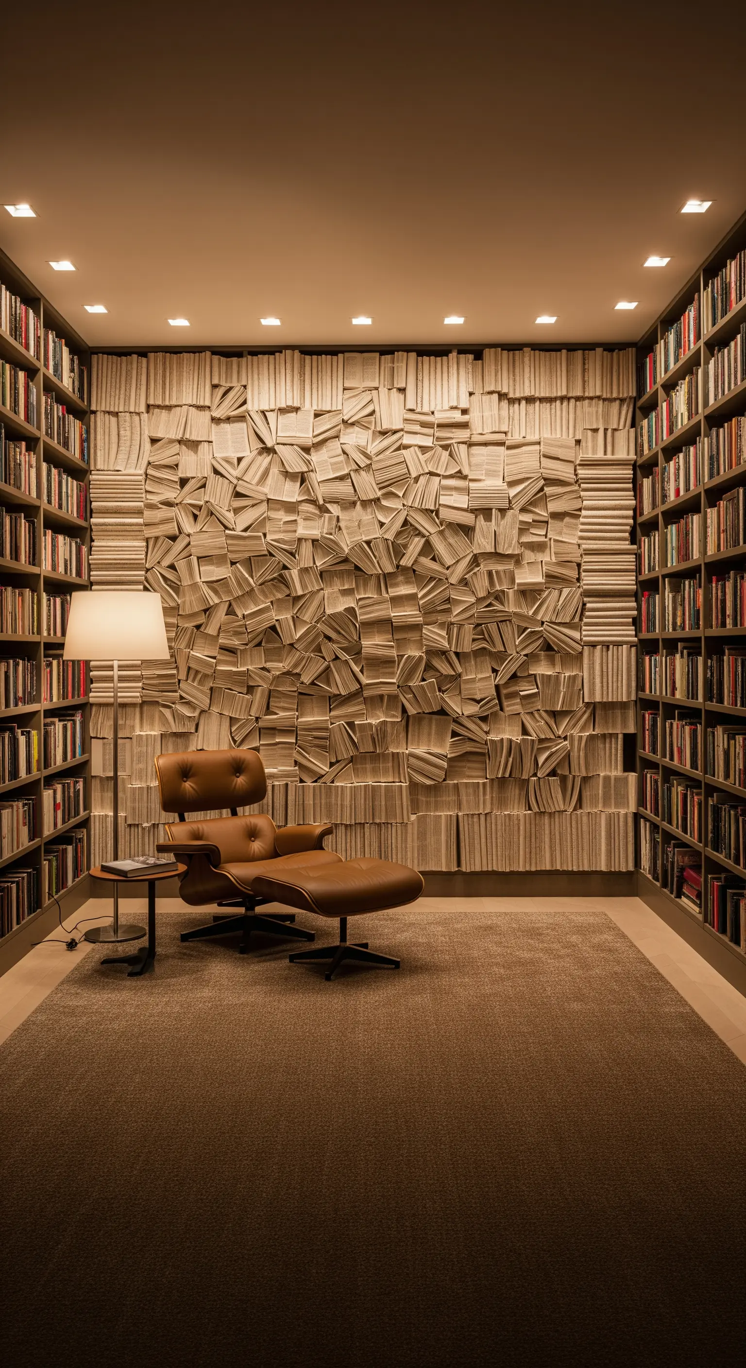 Parete di un angolo lettura interamente ricoperta da un collage tridimensionale di pagine di libri.
