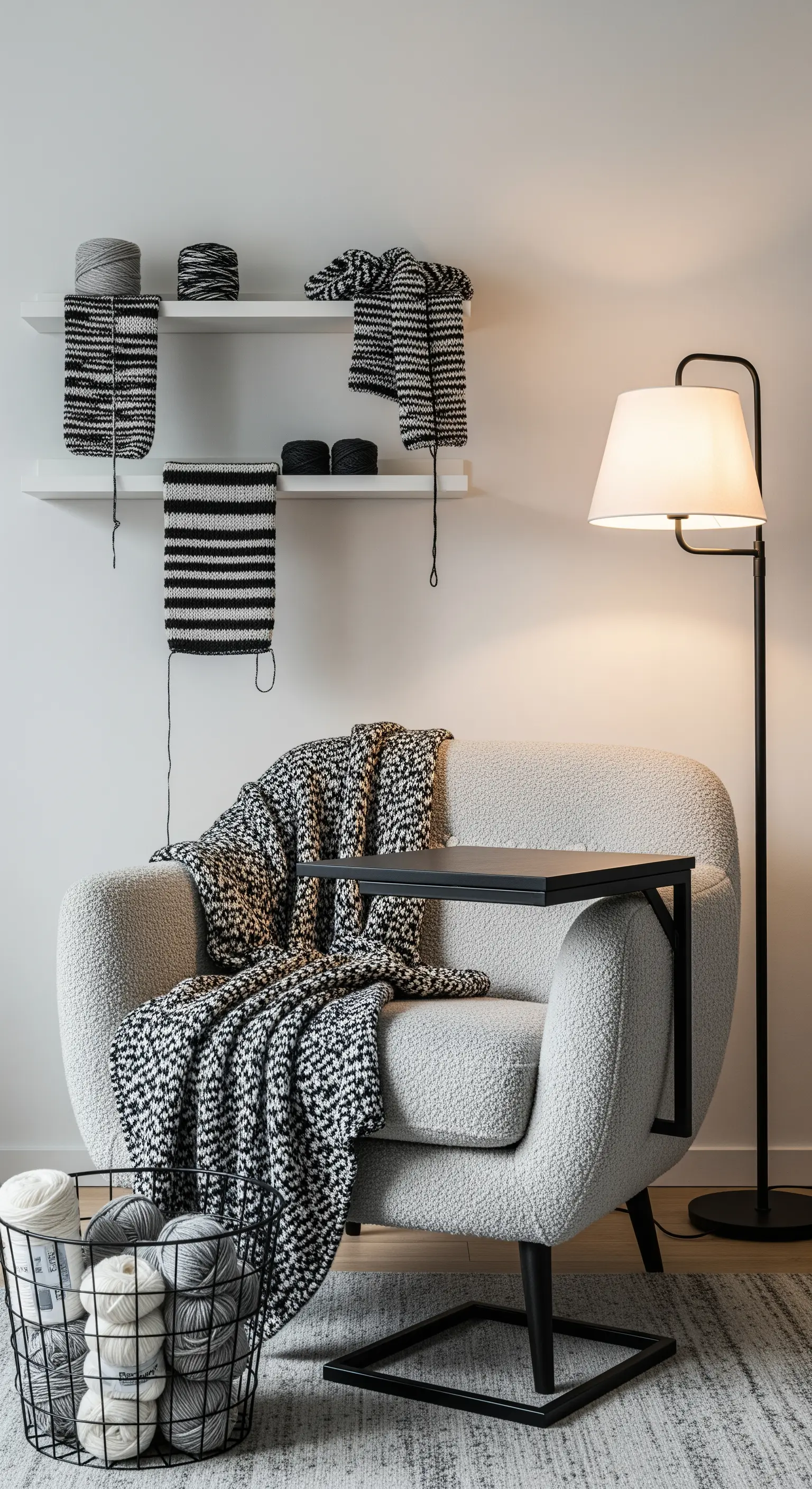 Poltrona bouclé bianca con coperte e gomitoli di lana in bianco e nero.