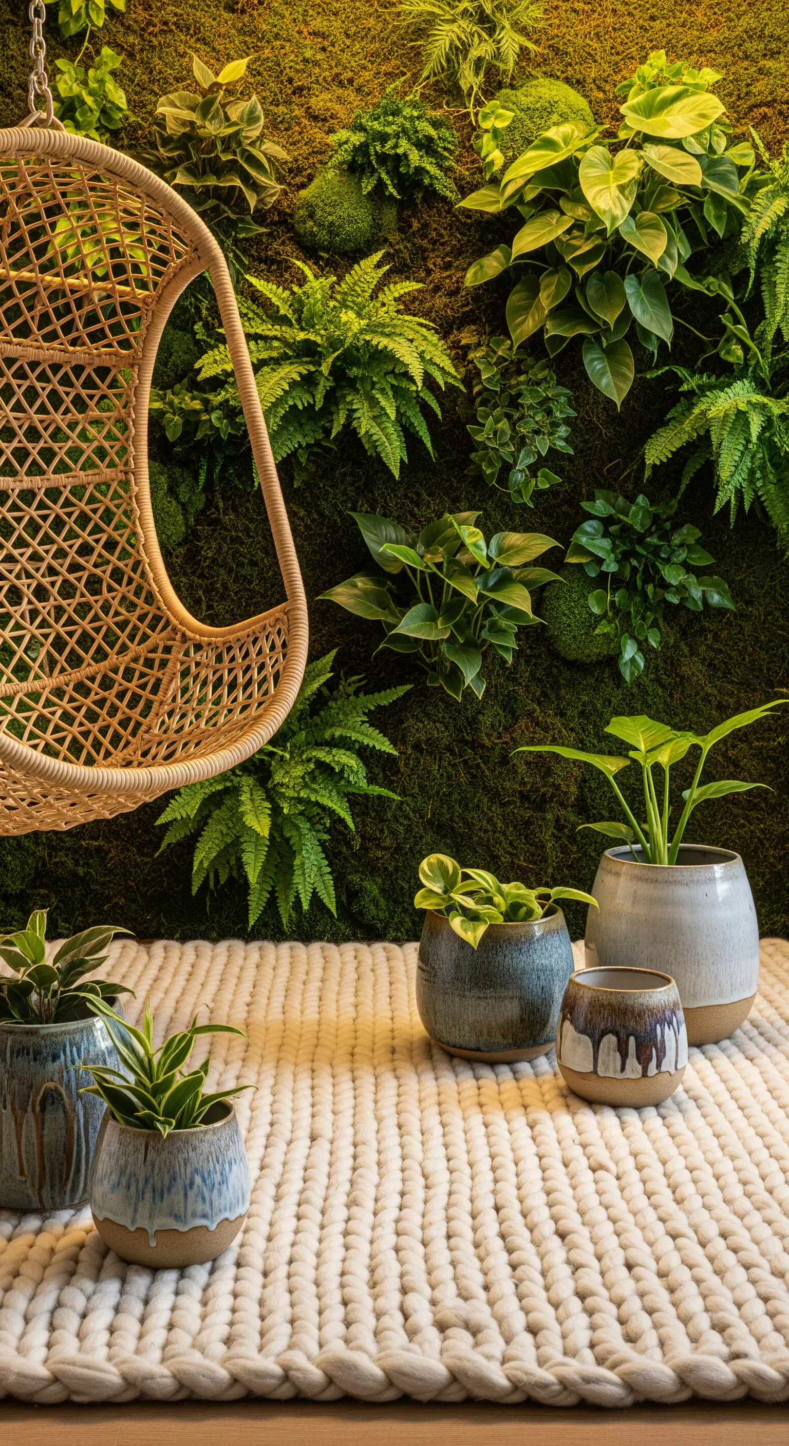 Dettaglio di un tappeto di lana e vasi in ceramica di fronte a una parete di muschio e felci.