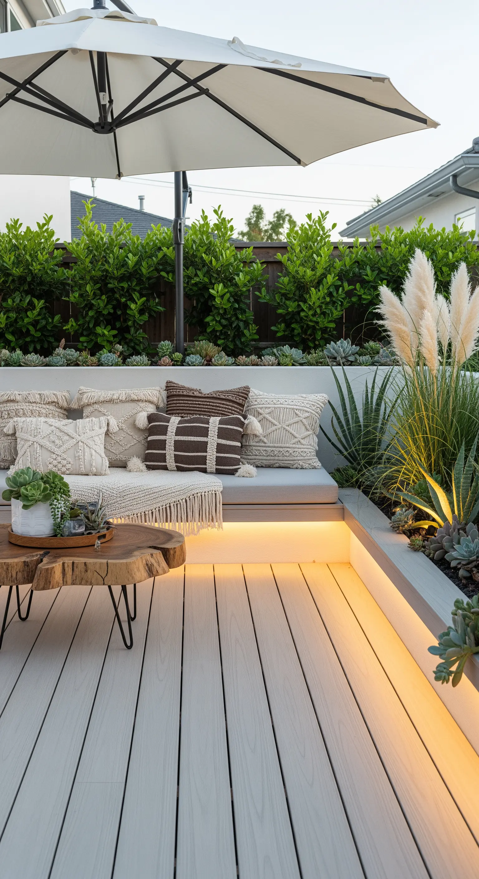 Patio con panca in muratura, cuscini in macramè e tavolino in legno grezzo.