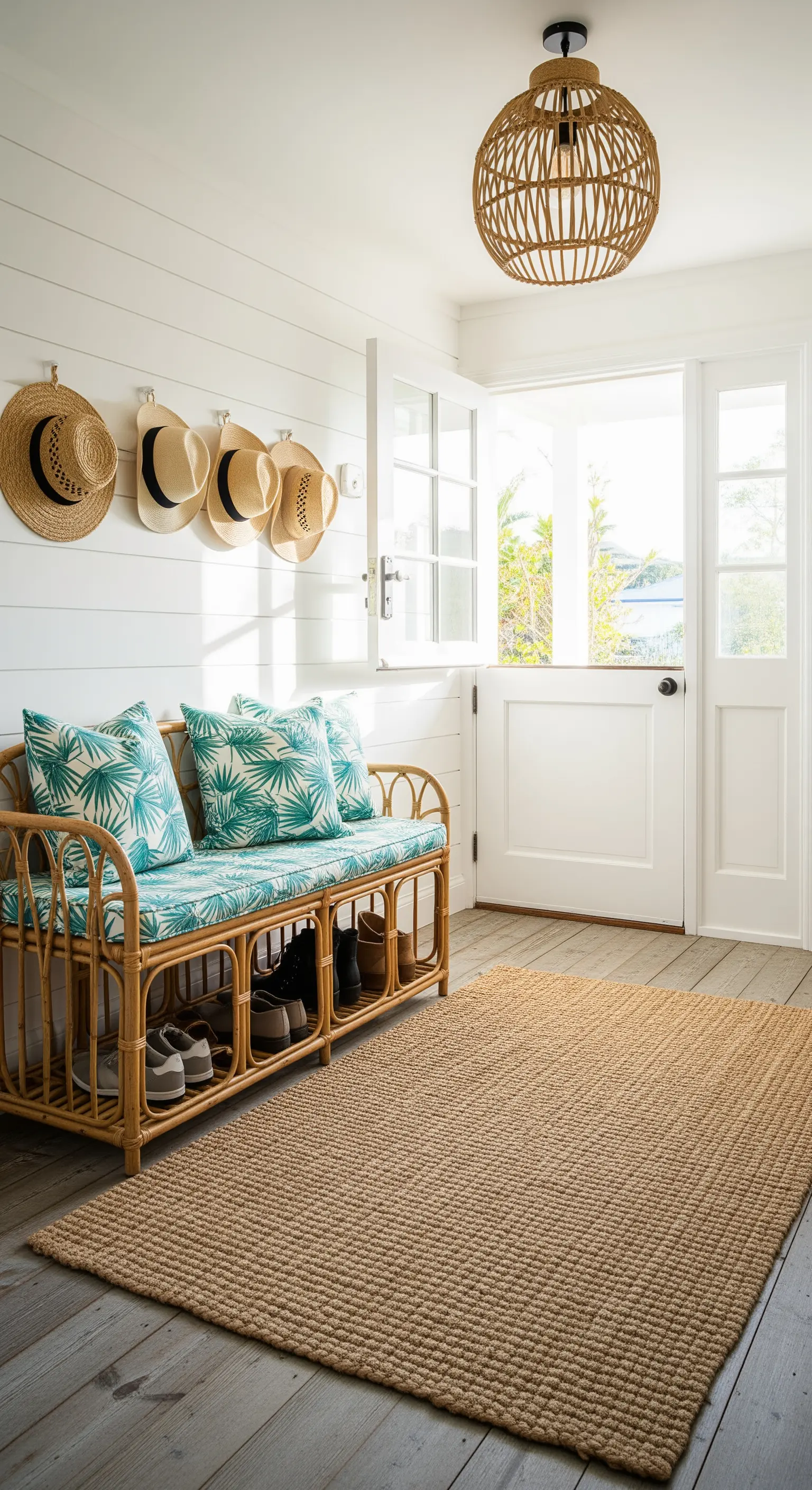 Panca in rattan con cuscini a foglia di palma e tappeto in juta in un ingresso luminoso.
