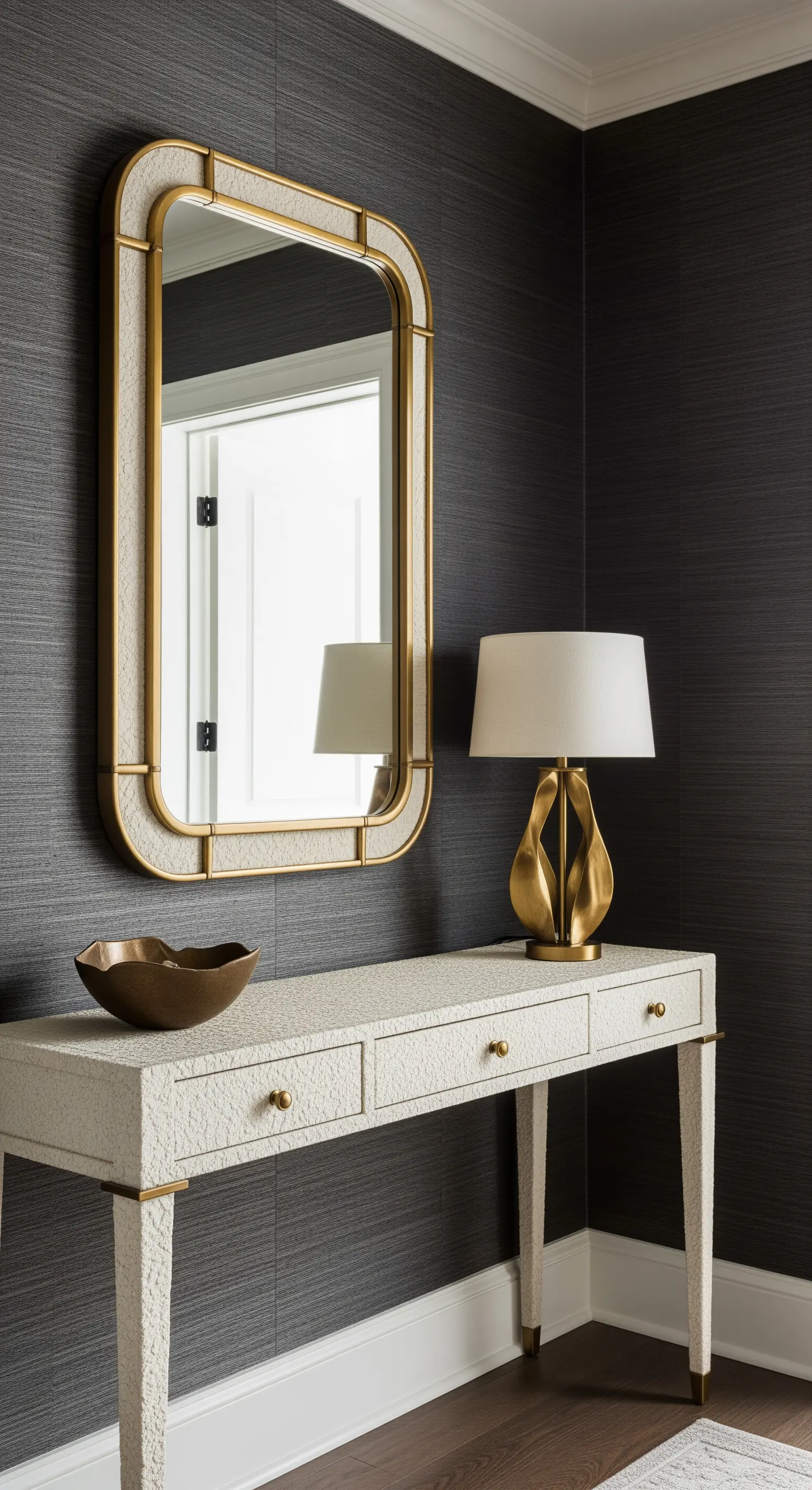 Ingresso con pareti scure texturizzate e consolle e specchio color crema con dettagli dorati.