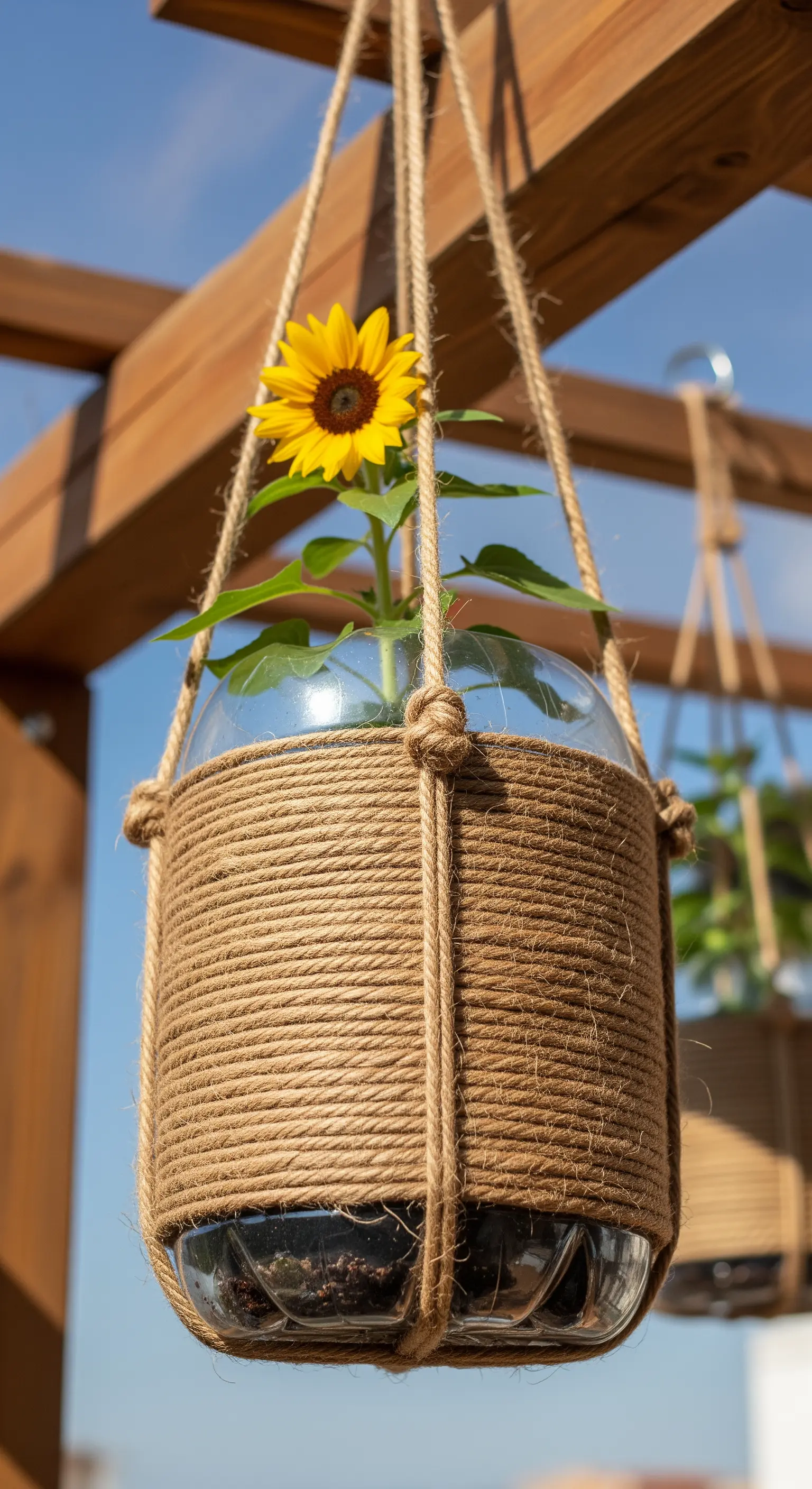 Fioriera sospesa realizzata avvolgendo una bottiglia di plastica con corda di juta.