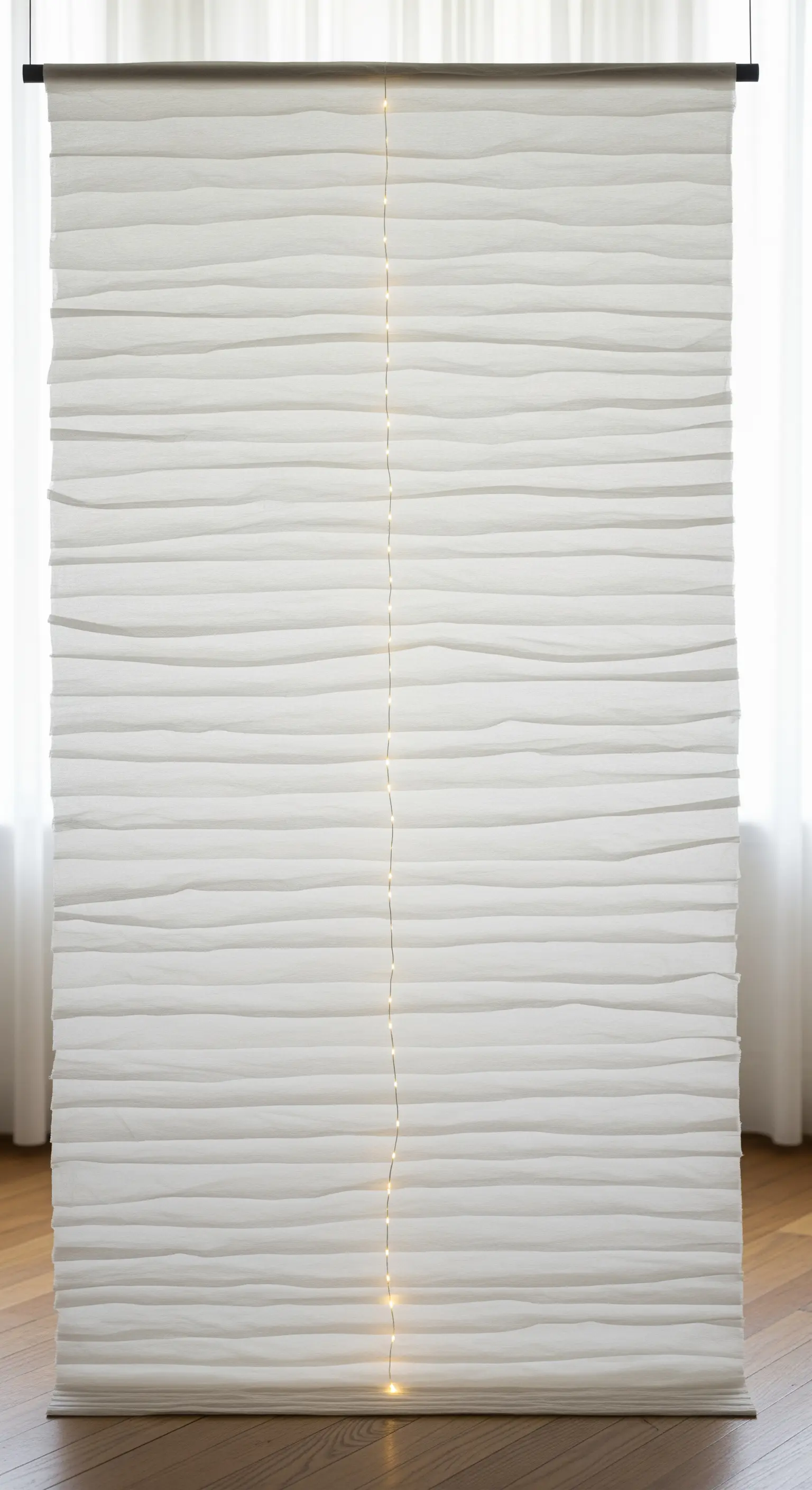 Pannello di carta bianca con pieghe orizzontali e una singola striscia di lucine LED.