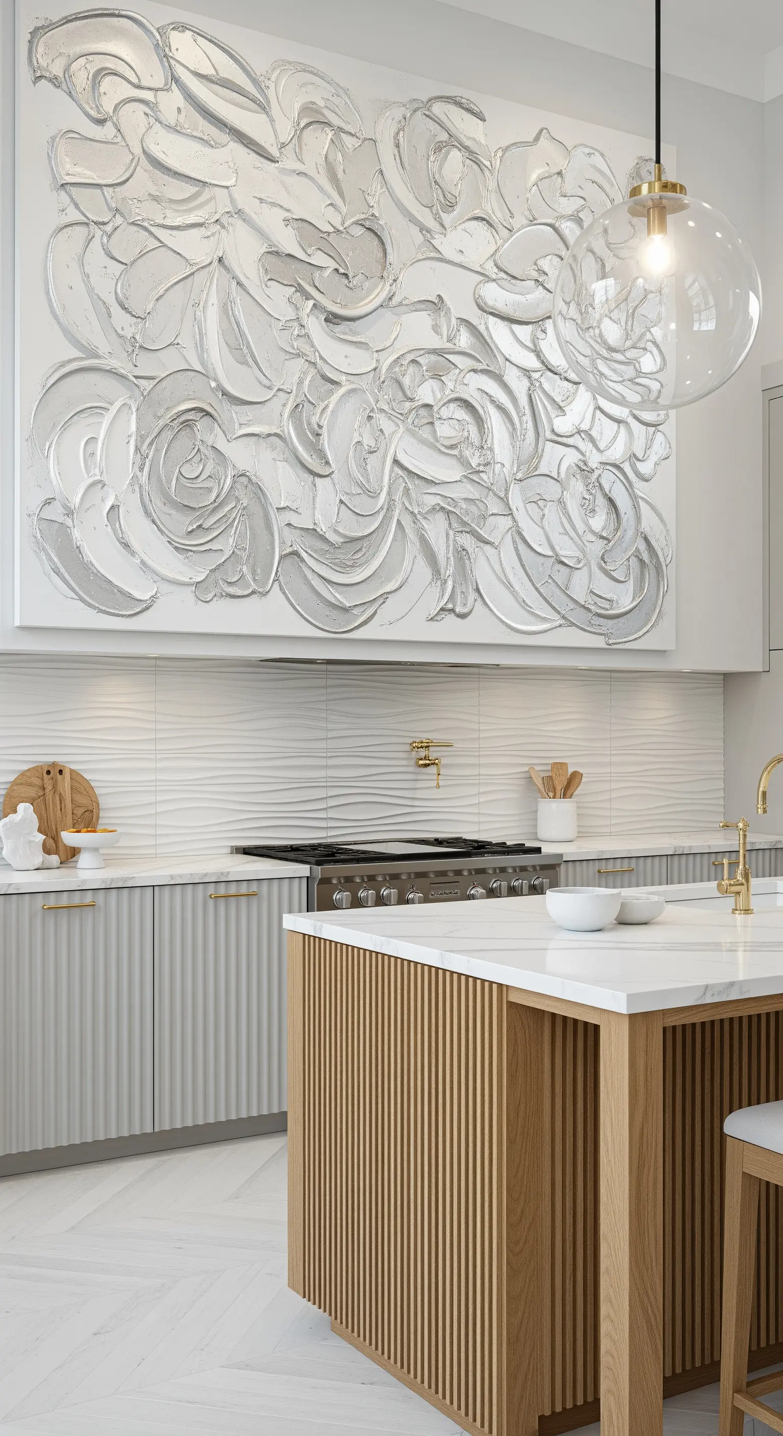 Cucina neutra con un grande bassorilievo bianco e diverse texture su mobili e paraschizzi.