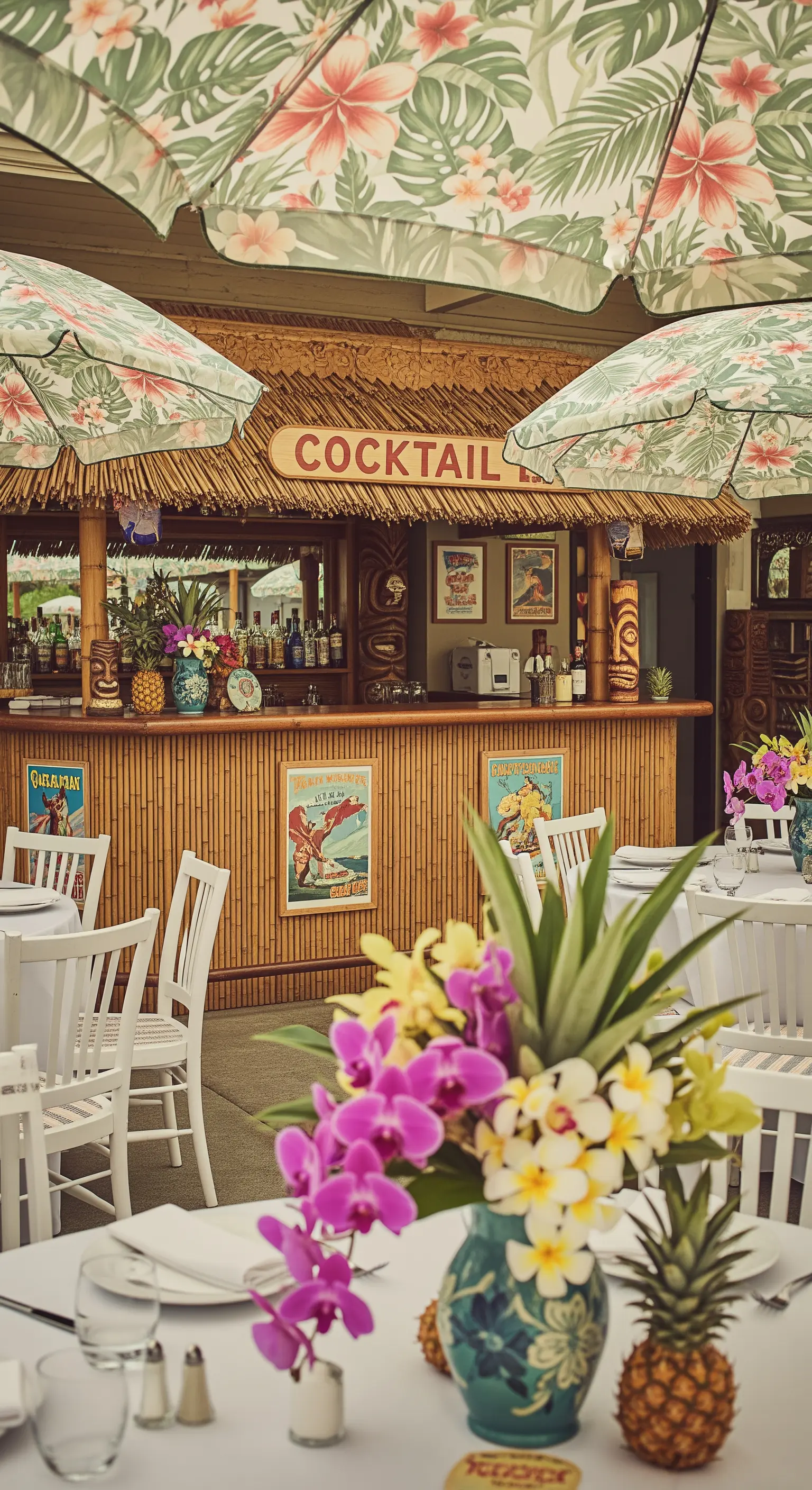 Cocktail bar in stile tiki con tetto in paglia e ombrelloni a stampa tropicale