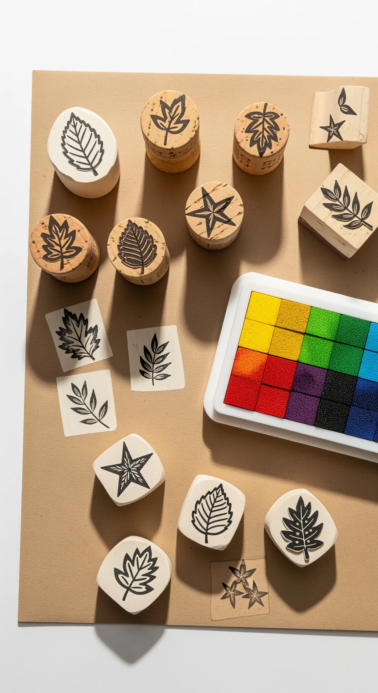 Una collezione di timbri fatti a mano intagliando motivi botanici su tappi di sughero riciclati.