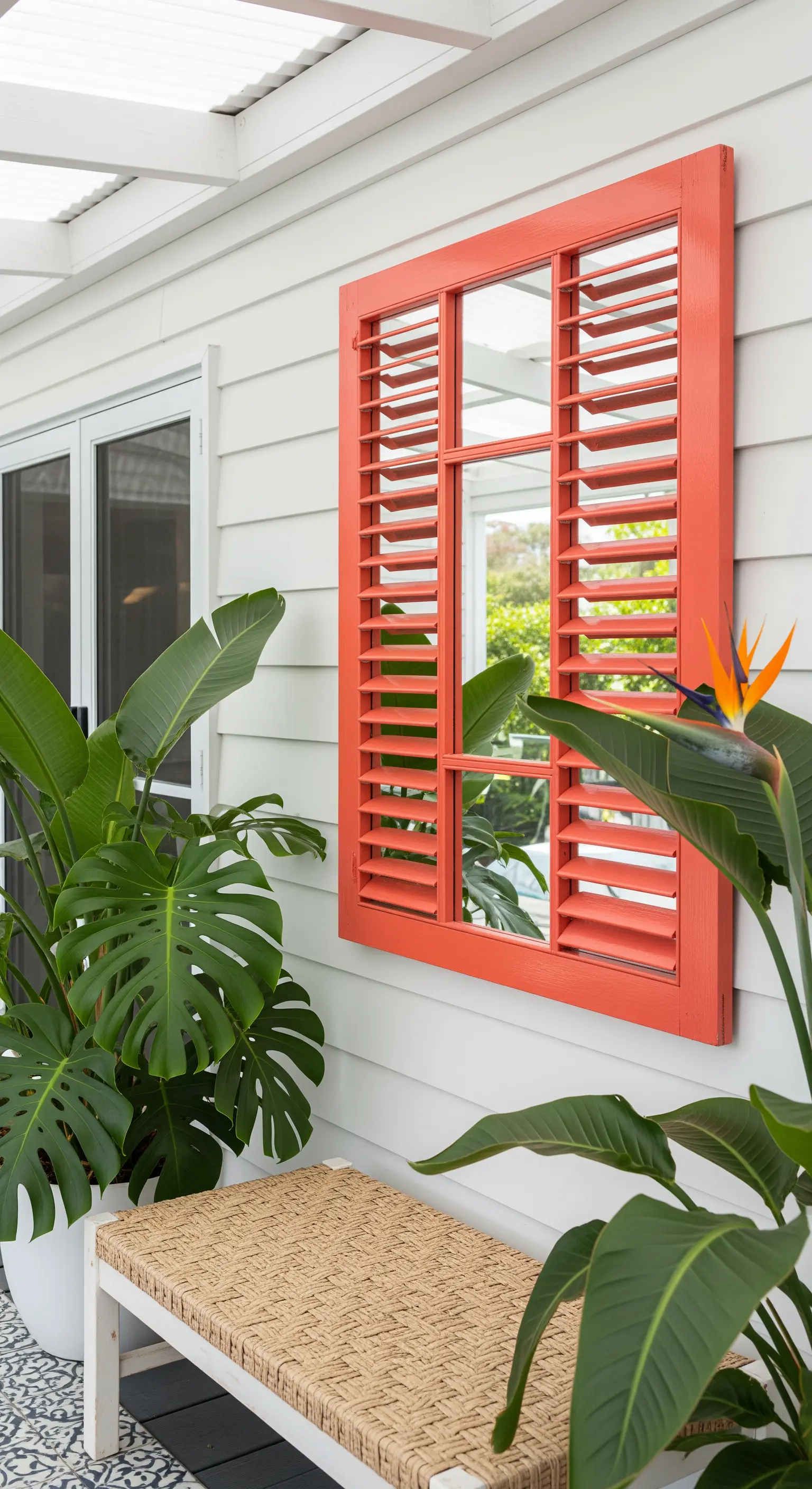 Specchio-finestra con persiane decorative dipinte di un vivace color corallo, su una parete esterna.