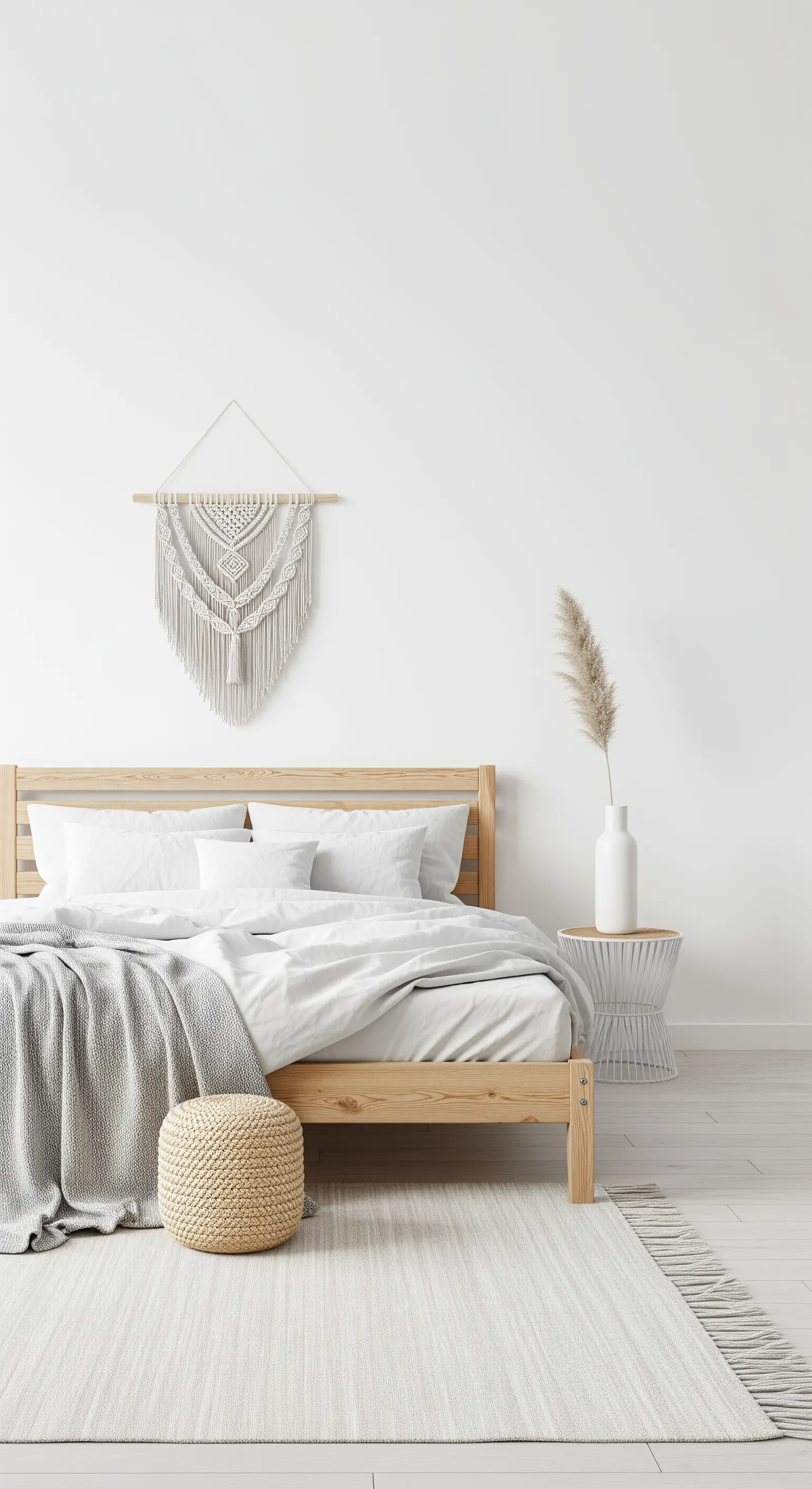 Decorazione da parete in macramè appesa sopra un letto in legno chiaro.