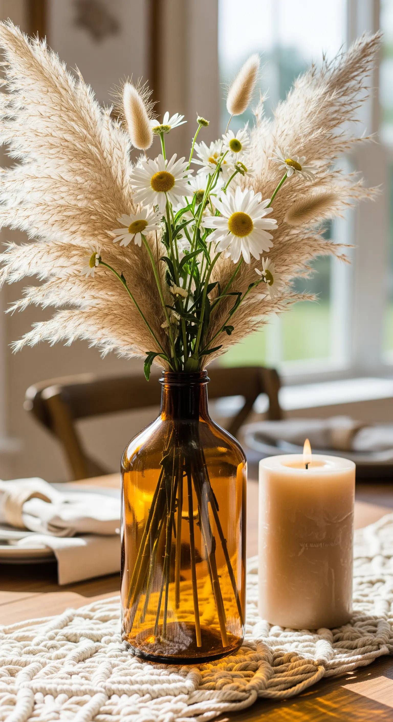 Vaso in vetro ambrato con margherite e pampas, affiancato da una candela color crema.