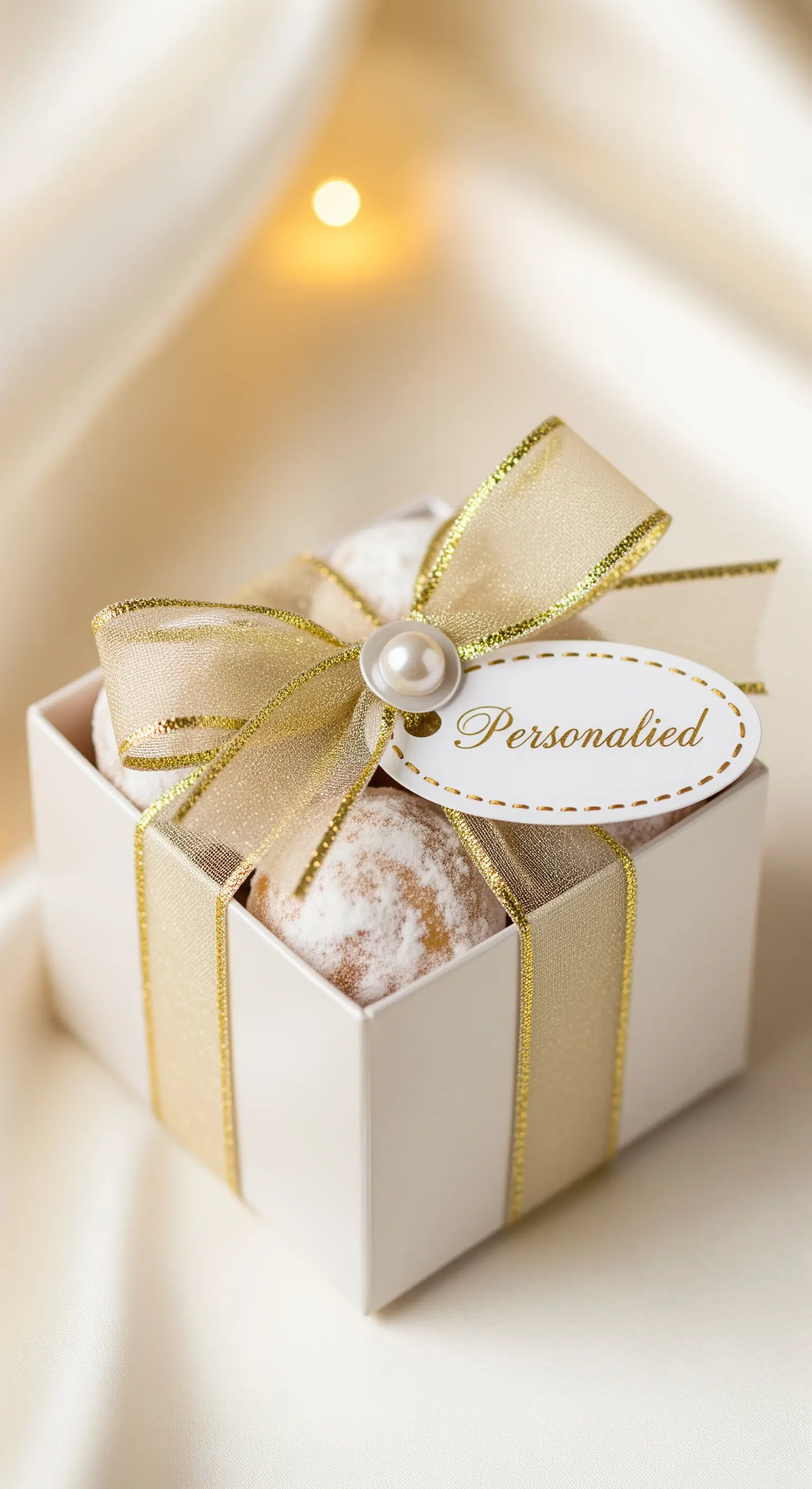 Dolcetti bianchi in una scatola chiusa da un nastro dorato con una piccola perla.