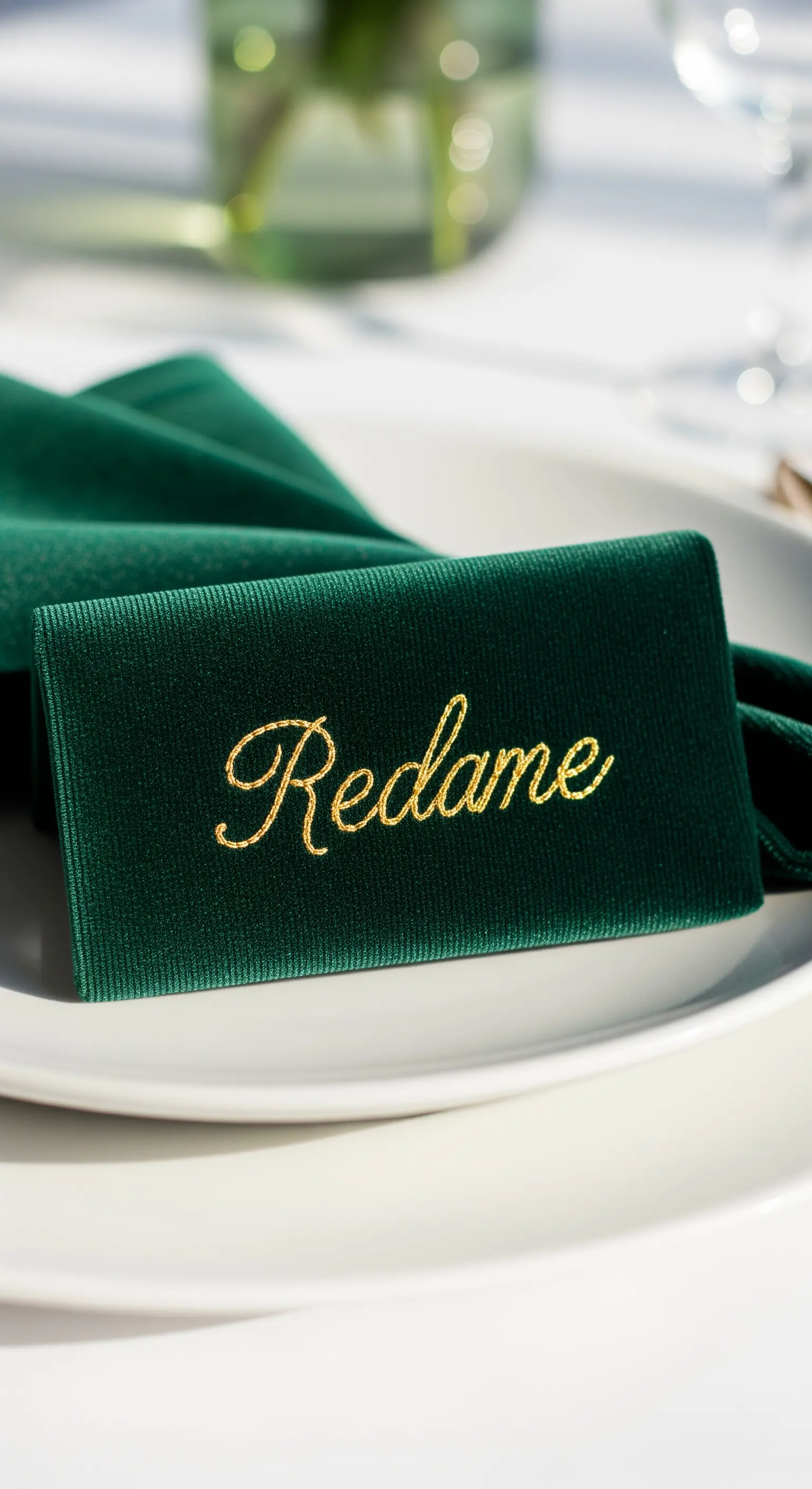 Segnaposto in velluto verde scuro con nome ricamato in filo dorato, appoggiato su un piatto bianco.