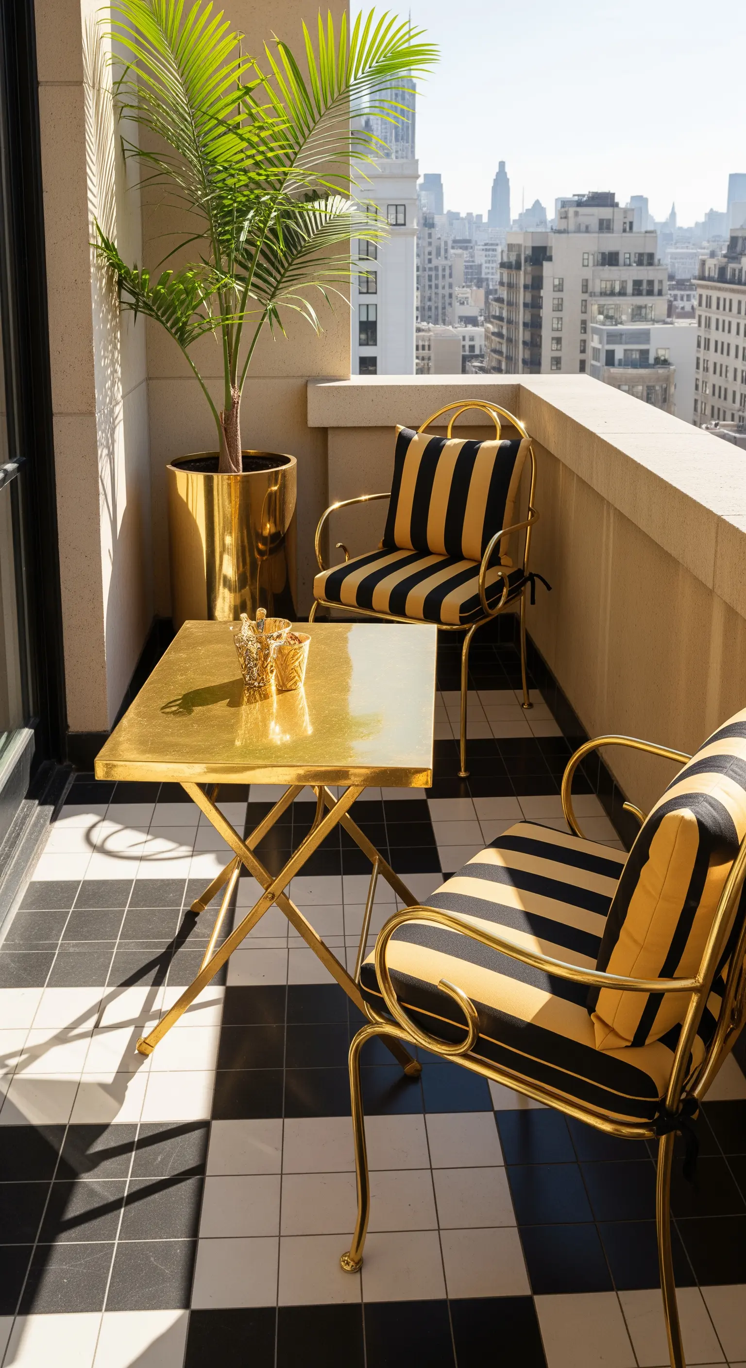 Balcone di lusso con pavimento a scacchiera, arredi dorati e cuscini a righe nere e gialle.