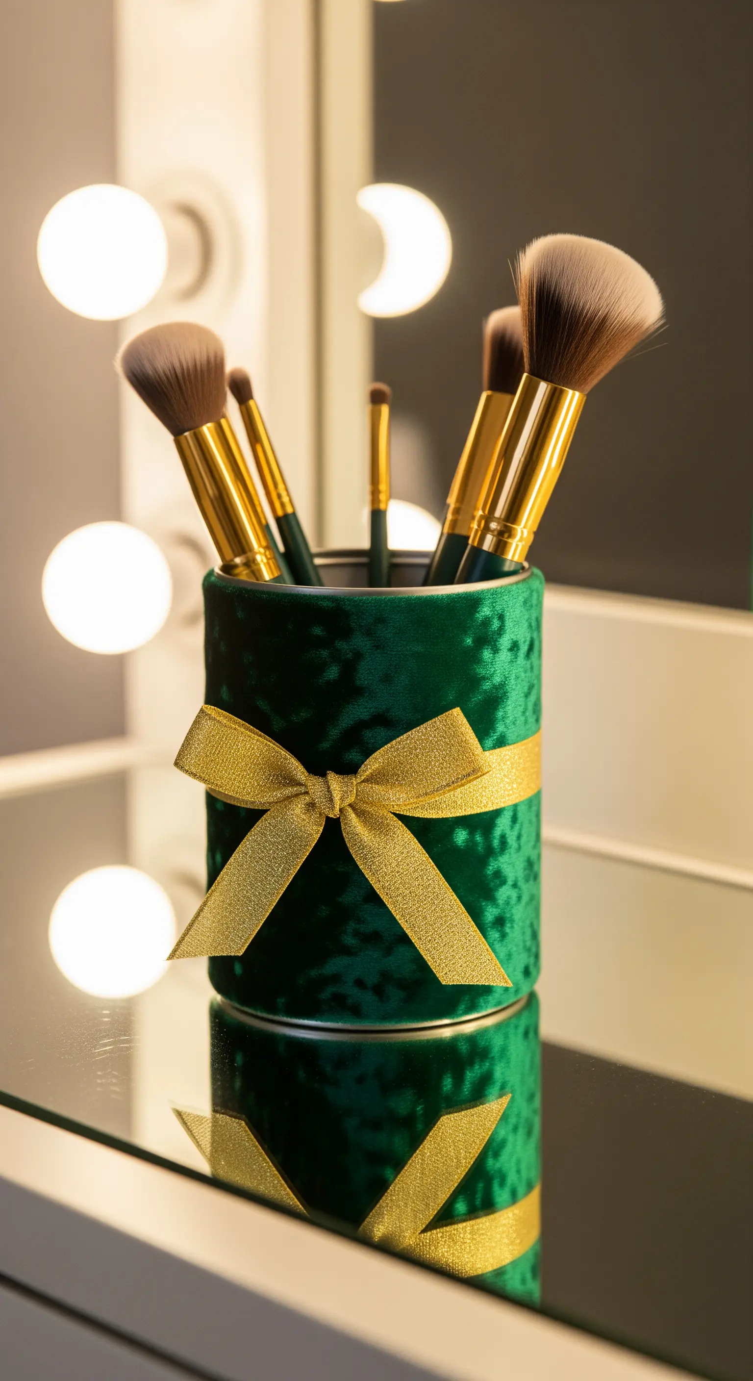 Contenitore per pennelli da trucco in velluto verde con un grande fiocco dorato.
