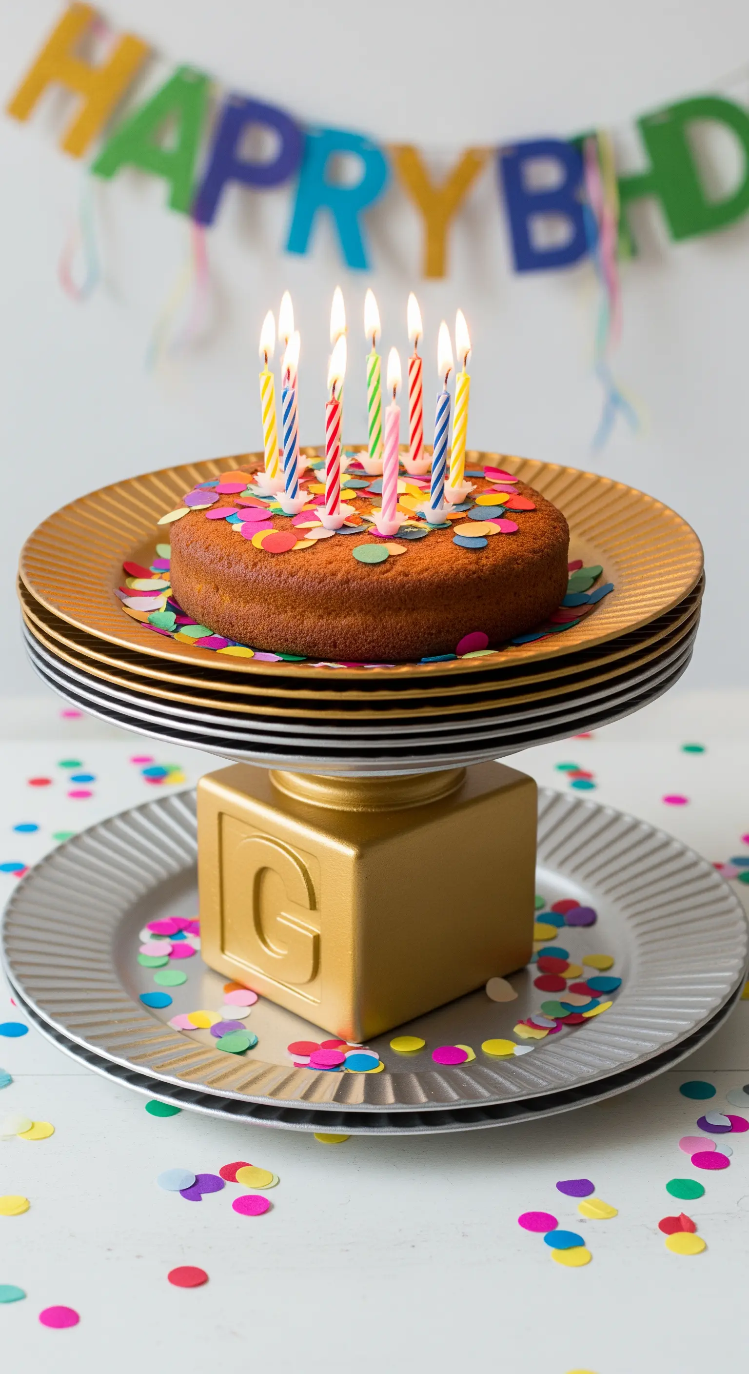 Alzata per torta di compleanno con base a forma di cubo dorato e piatti colorati