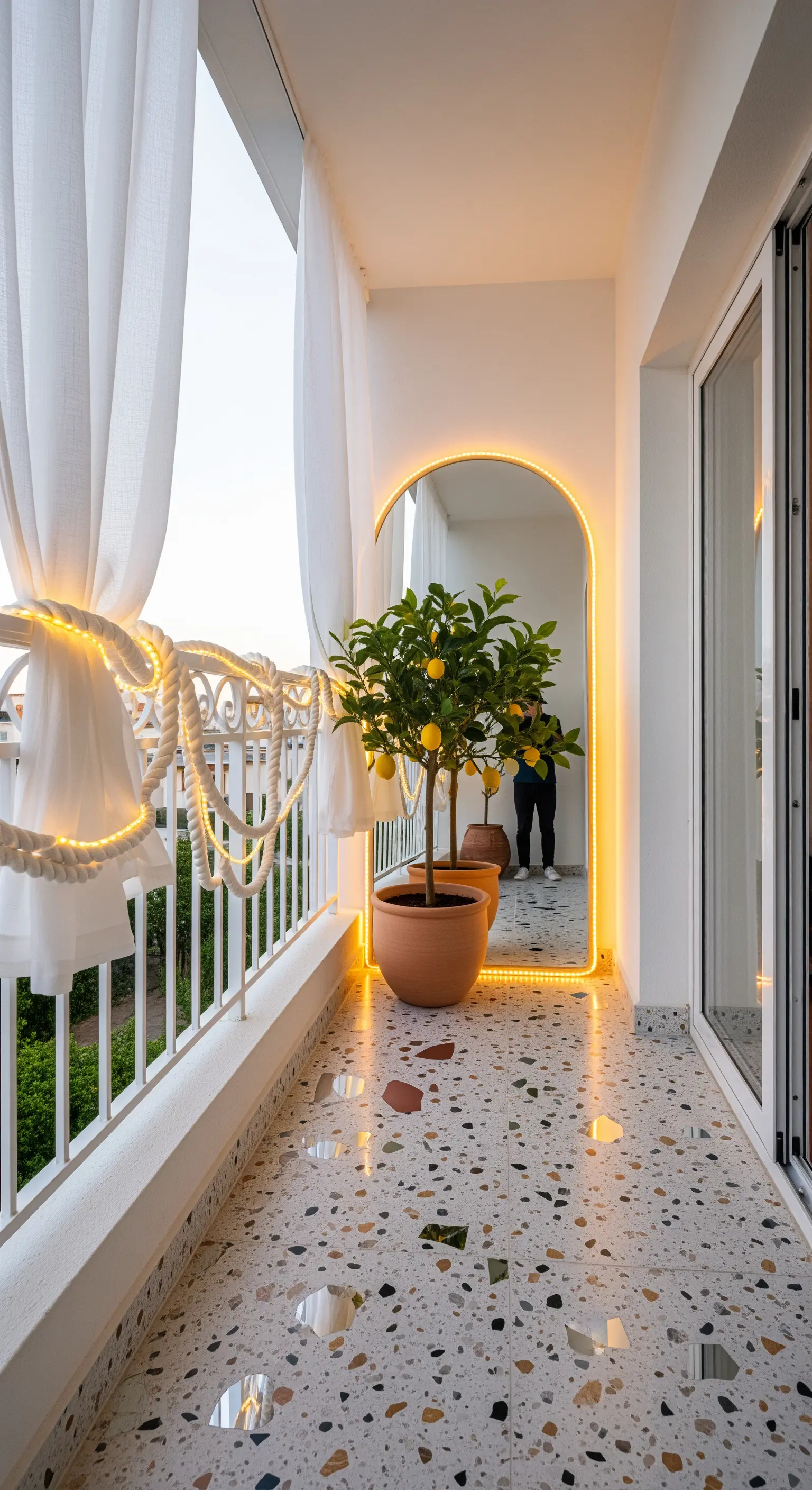 Balcone stretto con pavimento in terrazzo, specchio ad arco con cornice LED e pianta di limoni.