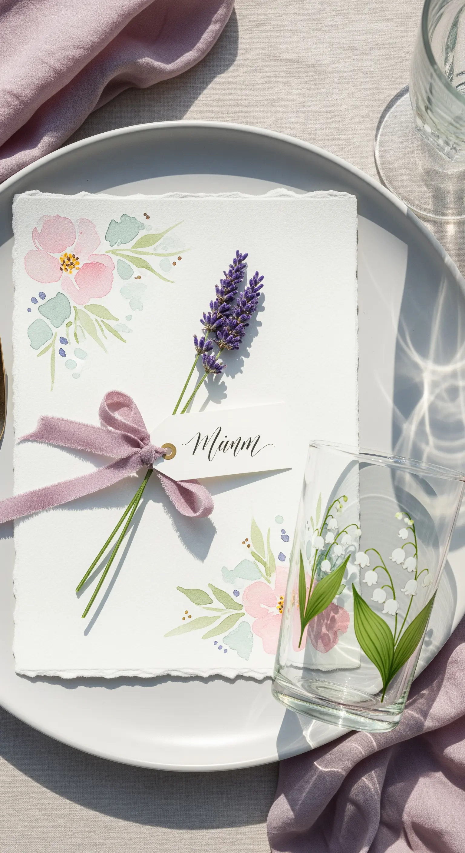 Posto tavola romantico con menù ad acquerello, rametto di lavanda e bicchiere dipinto