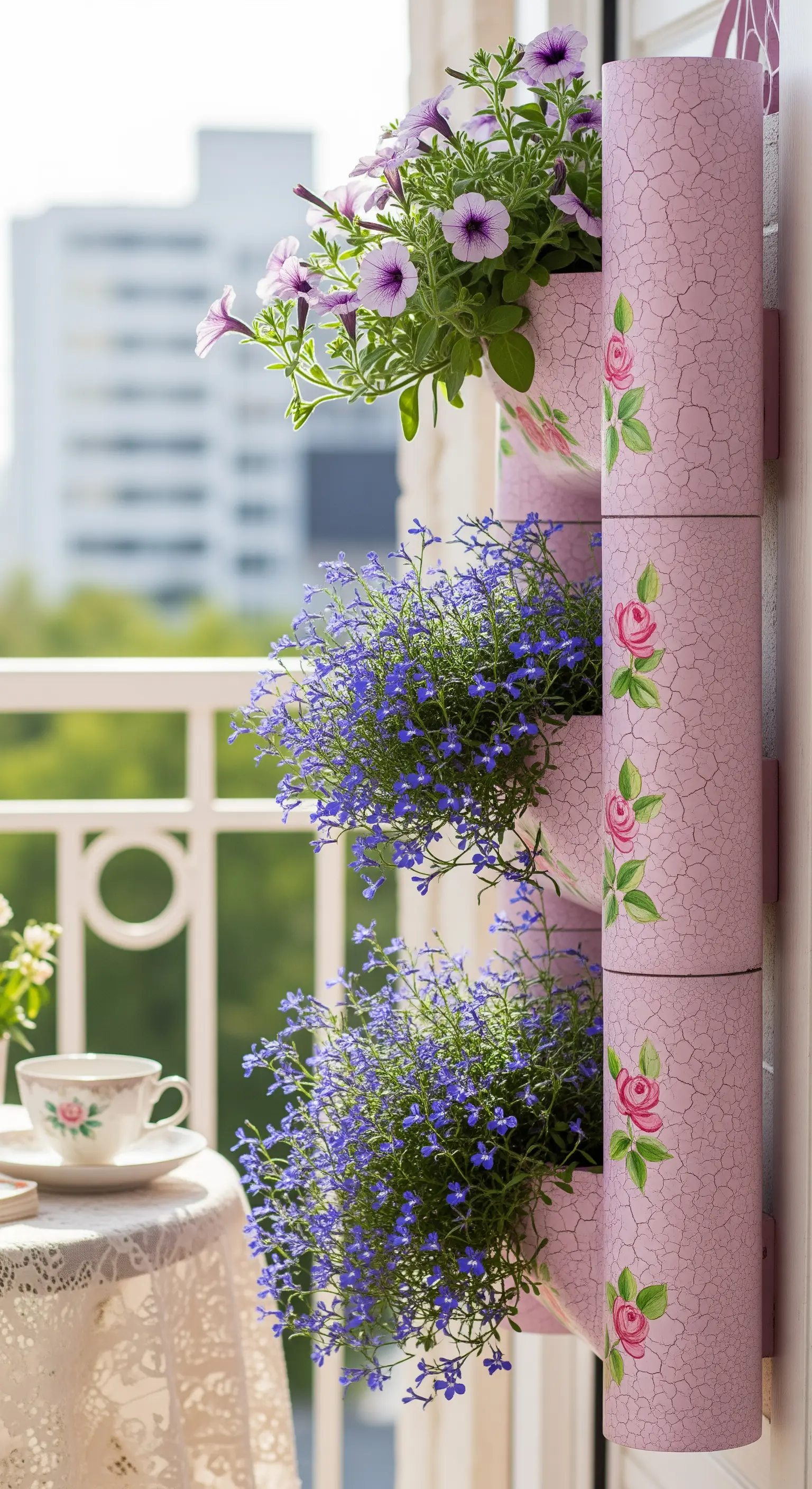 Fioriera verticale rosa con effetto vernice screpolata e piccole rose dipinte.