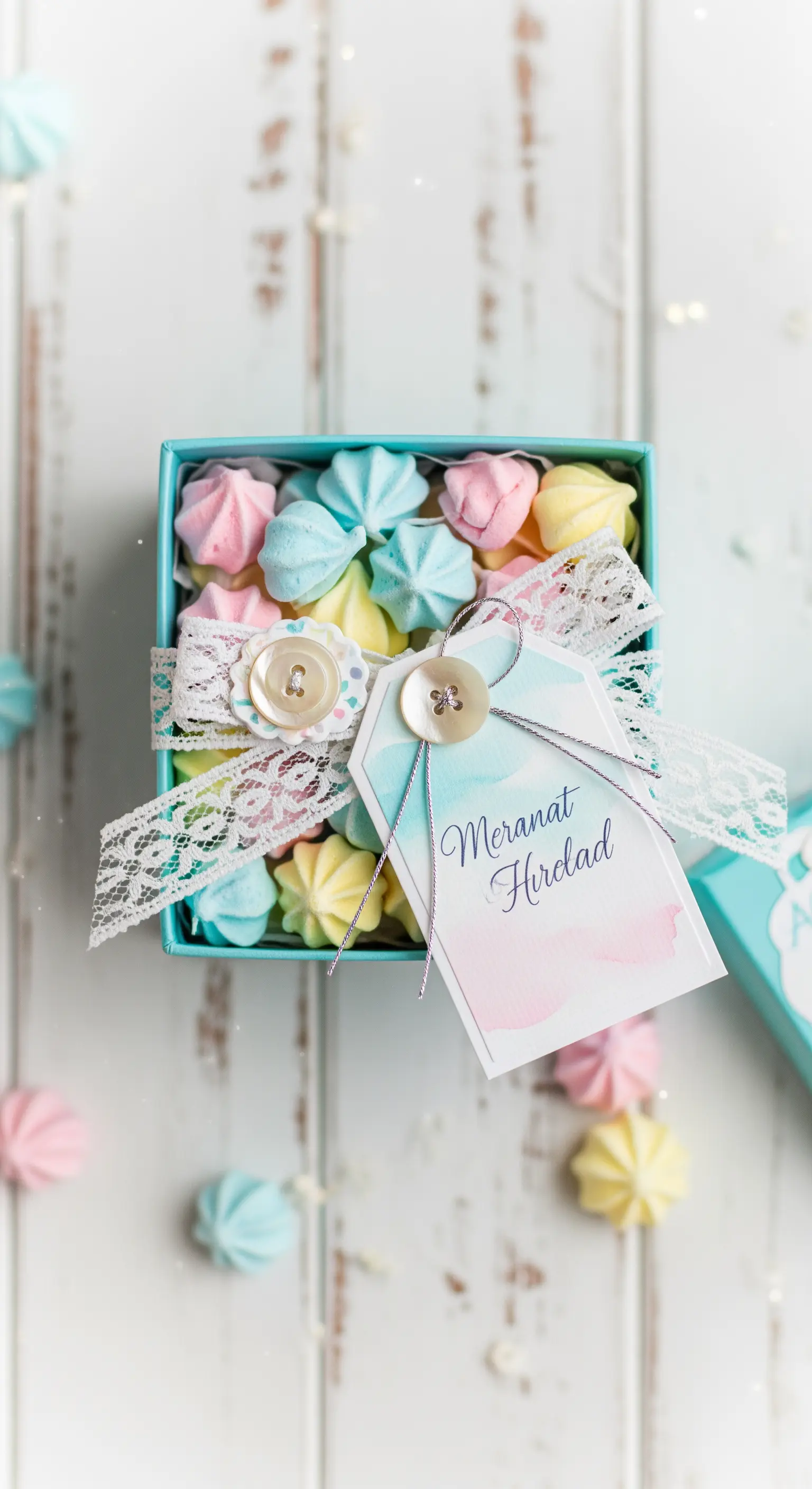 Meringhe color pastello in una scatola turchese con nastro di pizzo e bottoni.
