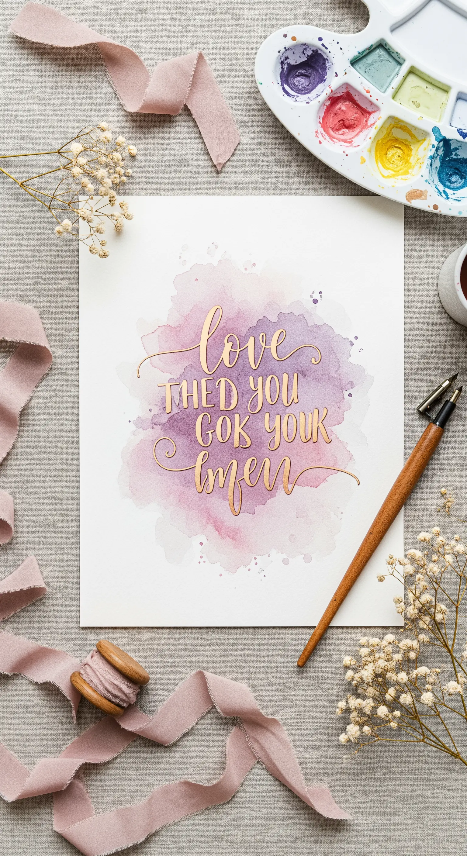 Quadro con acquerello lilla e calligrafia dorata, circondato da nastri di seta e fiori secchi.