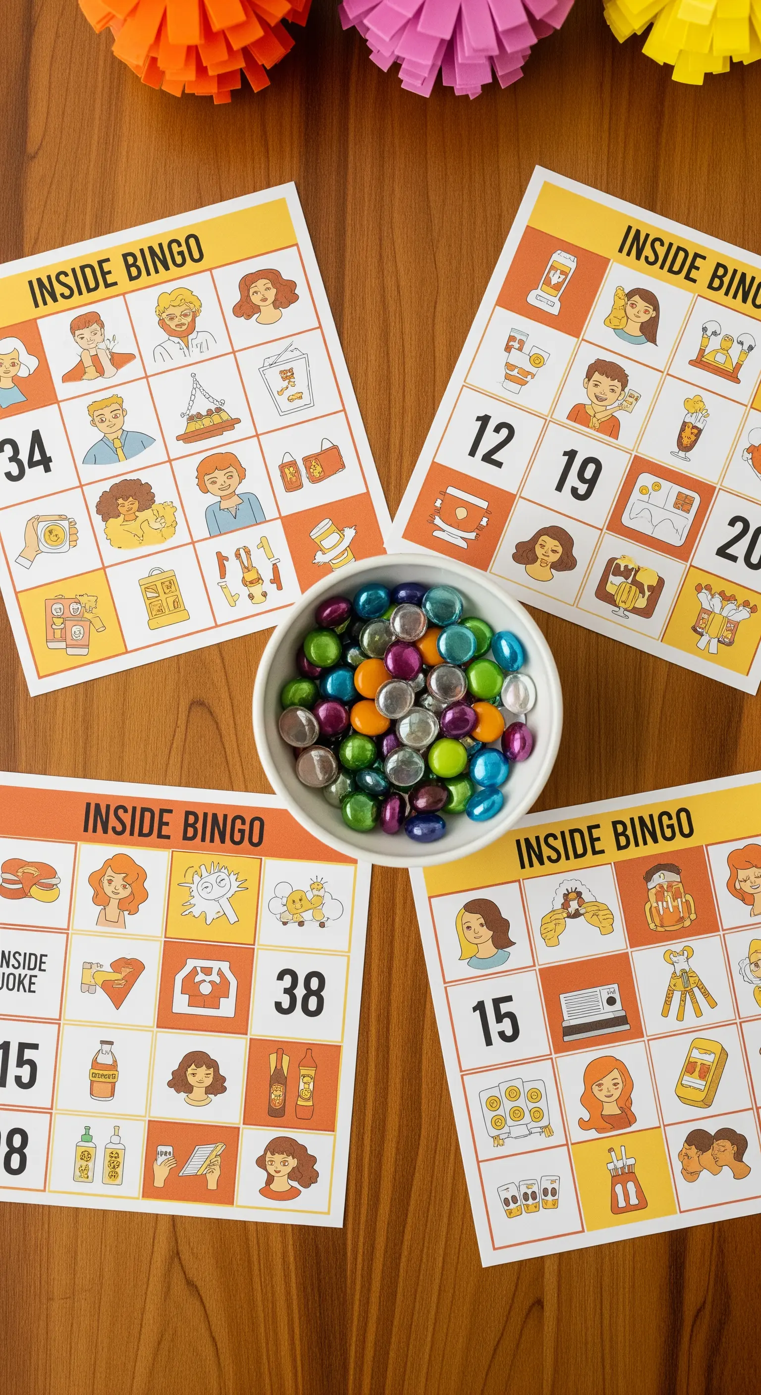 Cartelle da bingo personalizzate con illustrazioni e numeri per un gioco di gruppo